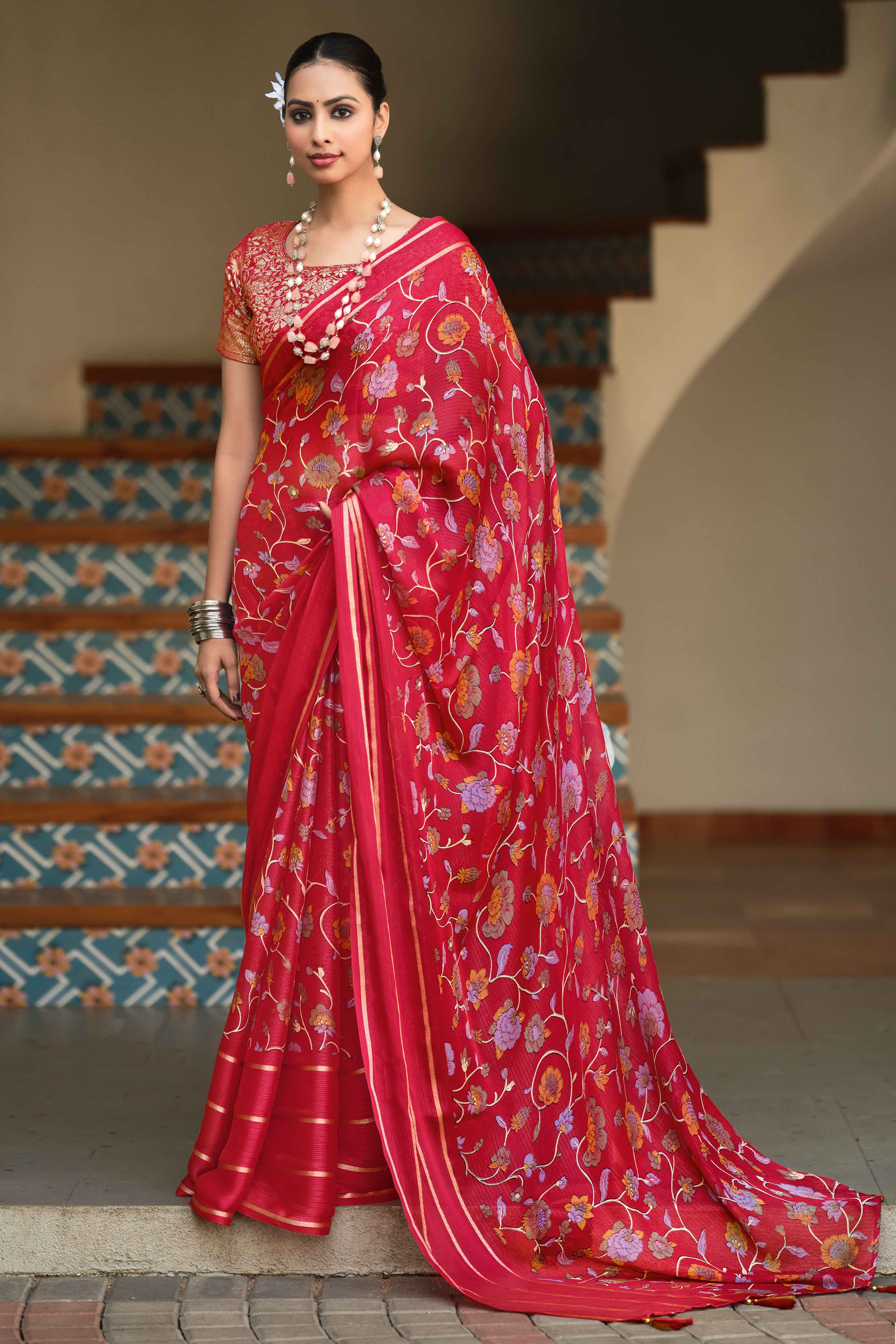 Charming Floral Print Red Chiffon Saree with Breezy Lightness