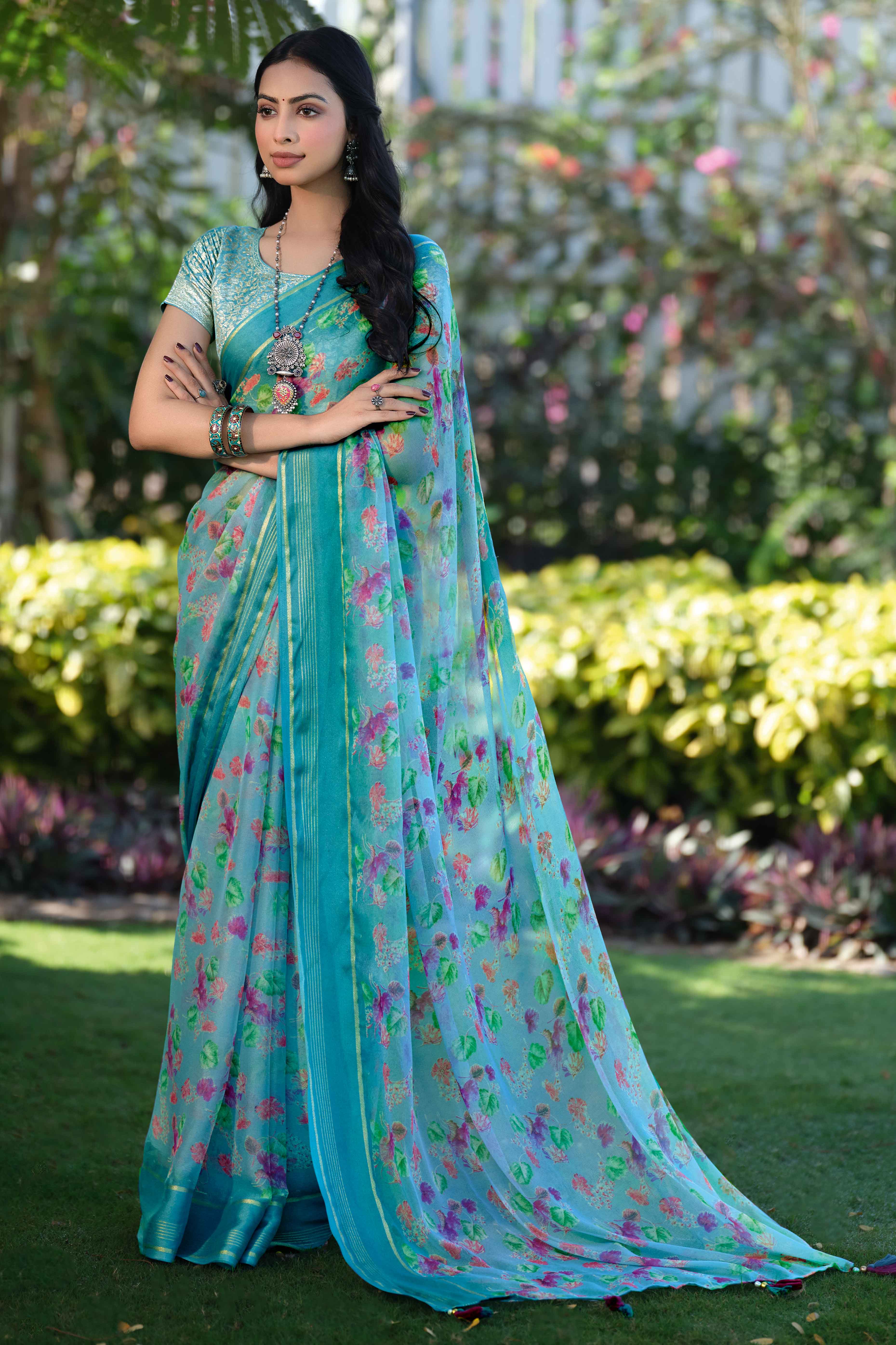 Charming Floral Print Sky Blue Chiffon Saree with Breezy Lightness