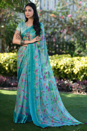 Charming Floral Print Sky Blue Chiffon Saree with Breezy Lightness