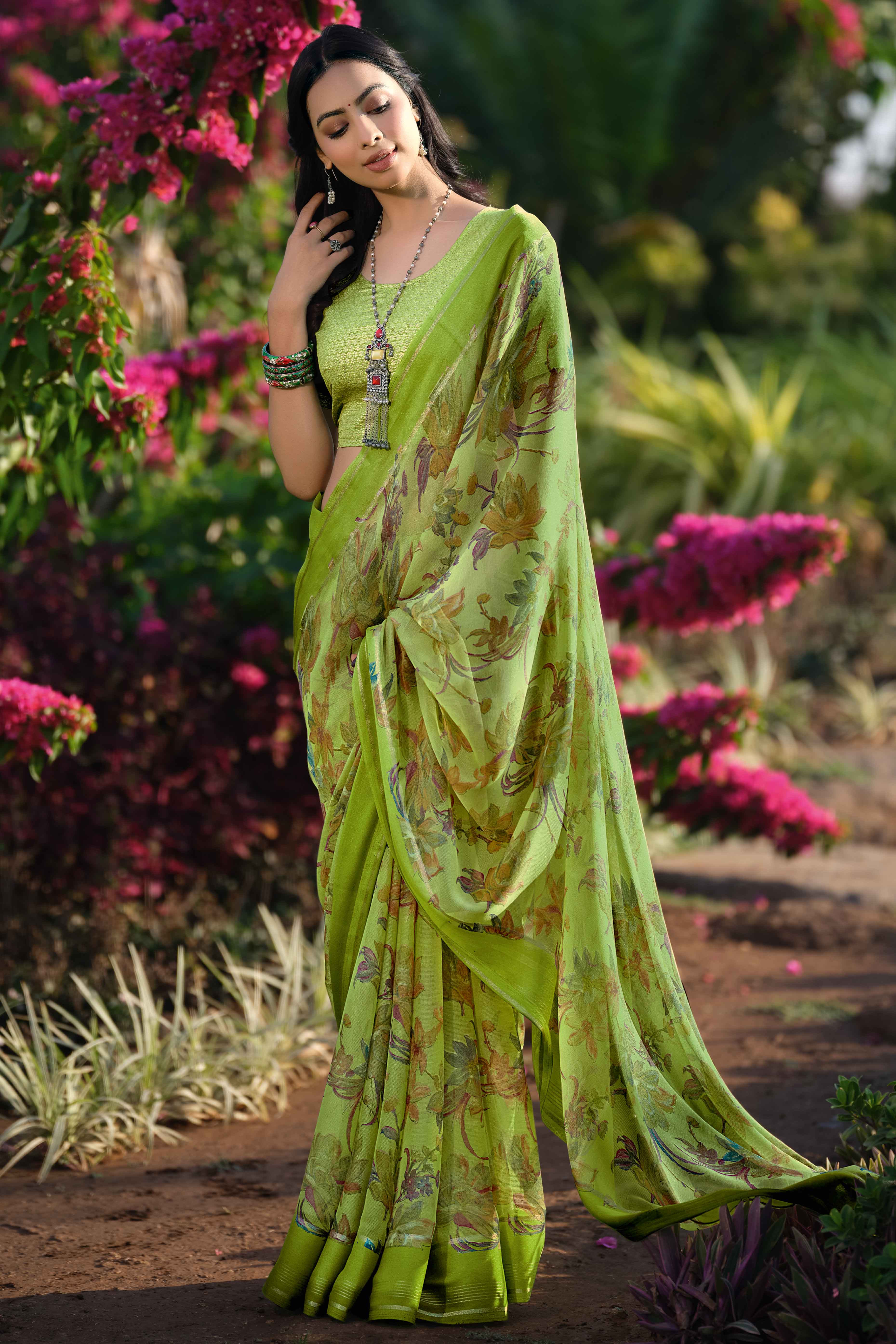 Charming Floral Print Green Chiffon Saree with Breezy Lightness