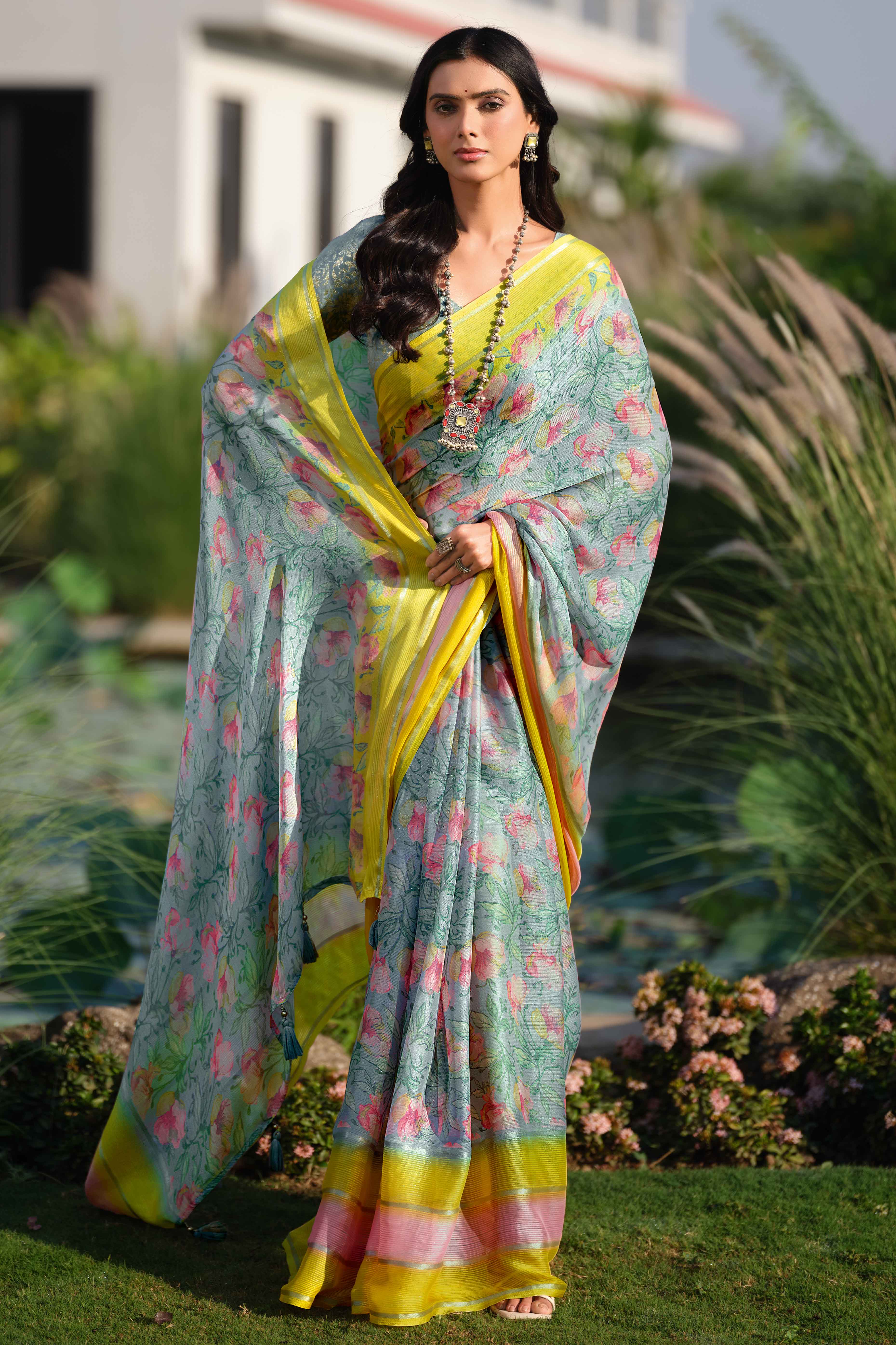 Charming Floral Print Mint Green Chiffon Saree with Breezy Lightness