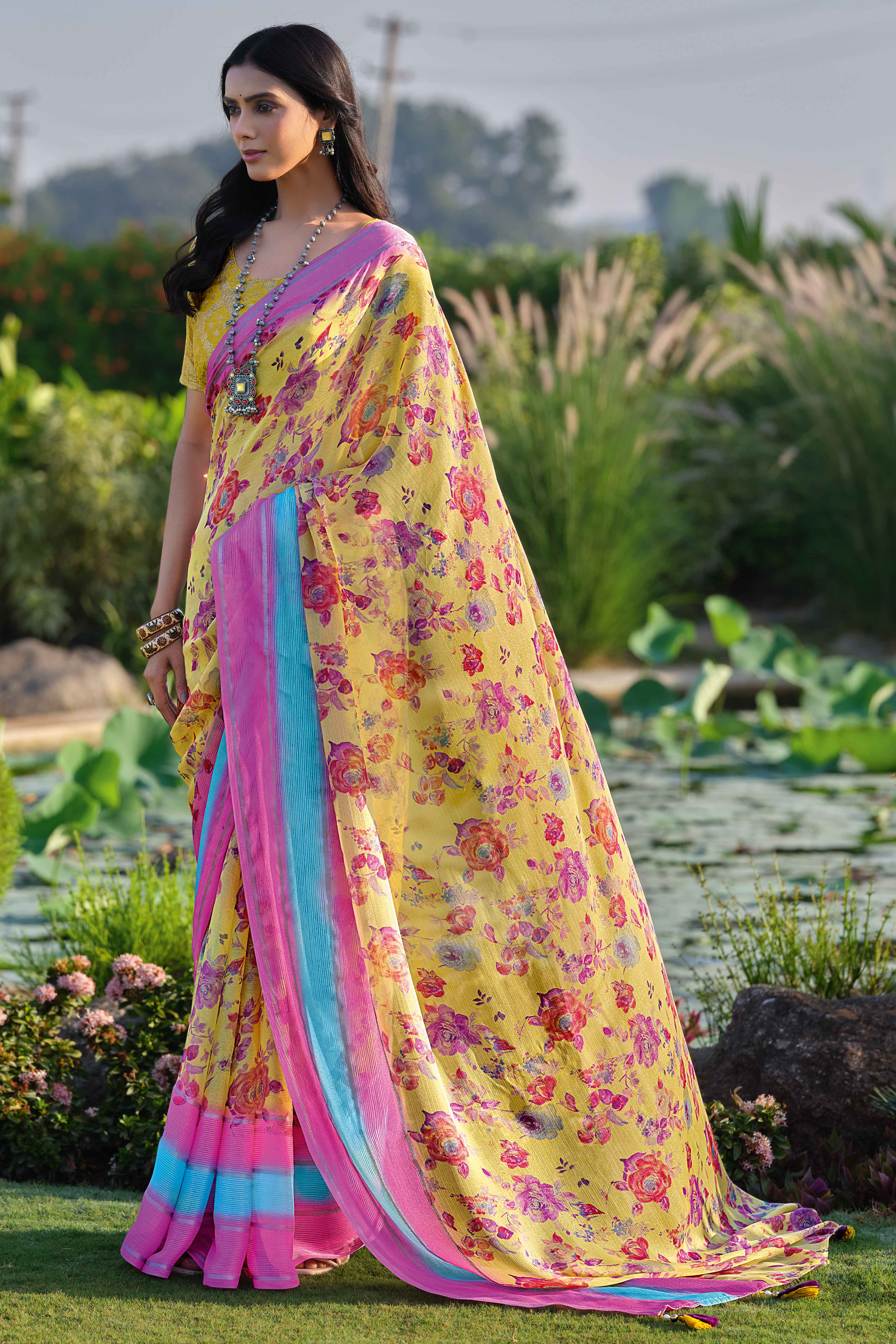 Charming Floral Print Yellow Chiffon Saree with Breezy Lightness