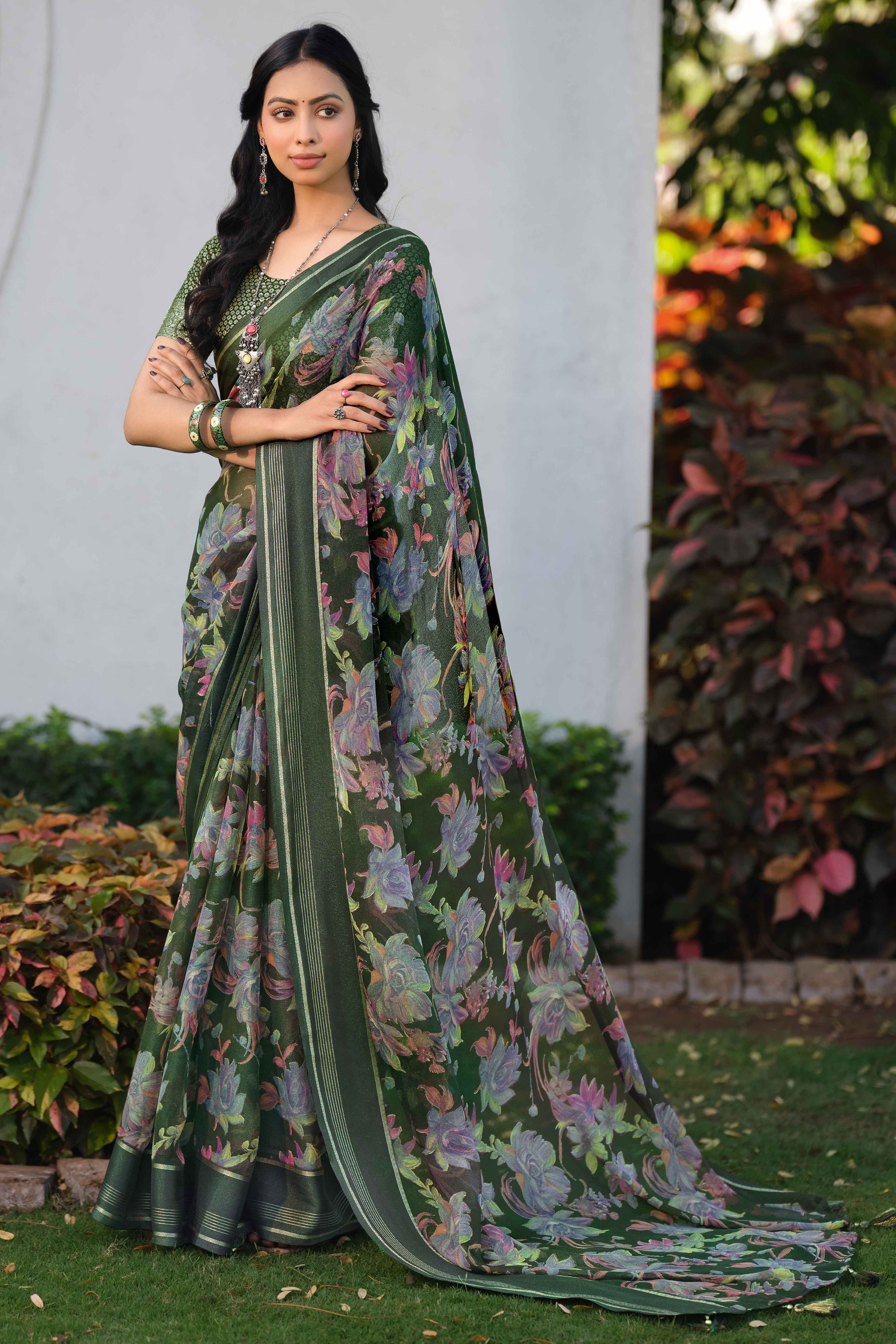 Charming Floral Print Green Chiffon Saree with Breezy Lightness