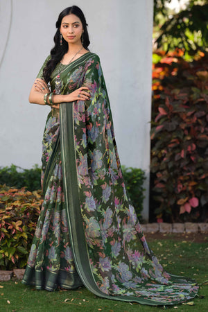 Charming Floral Print Green Chiffon Saree with Breezy Lightness