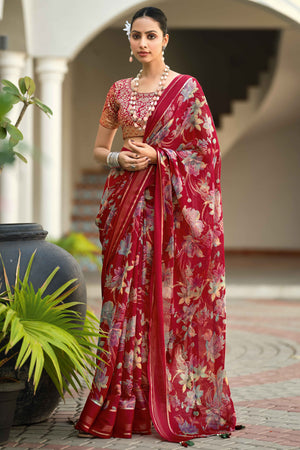 Charming Floral Print Maroon Chiffon Saree with Breezy Lightness