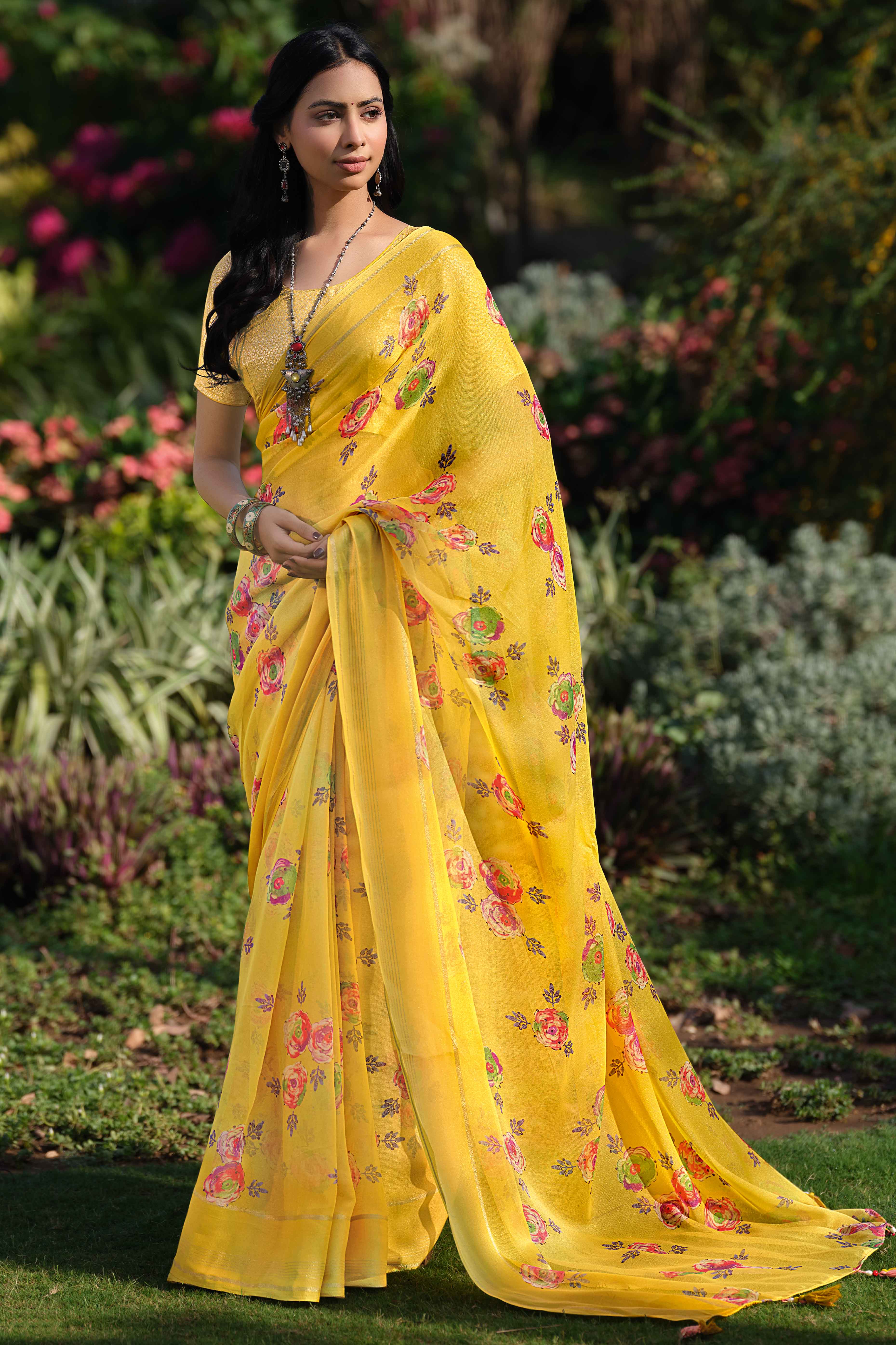 Charming Floral Print Yellow Chiffon Saree with Breezy Lightness