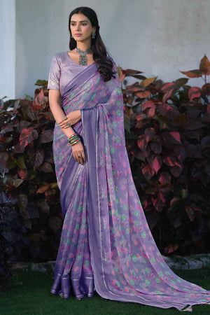 Charming Floral Print Lavender Chiffon Saree with Breezy Lightness