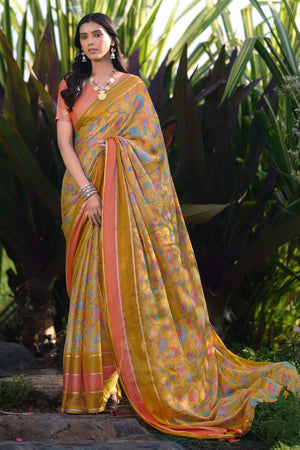 Charming Floral Print Mustard Chiffon Saree with Breezy Lightness