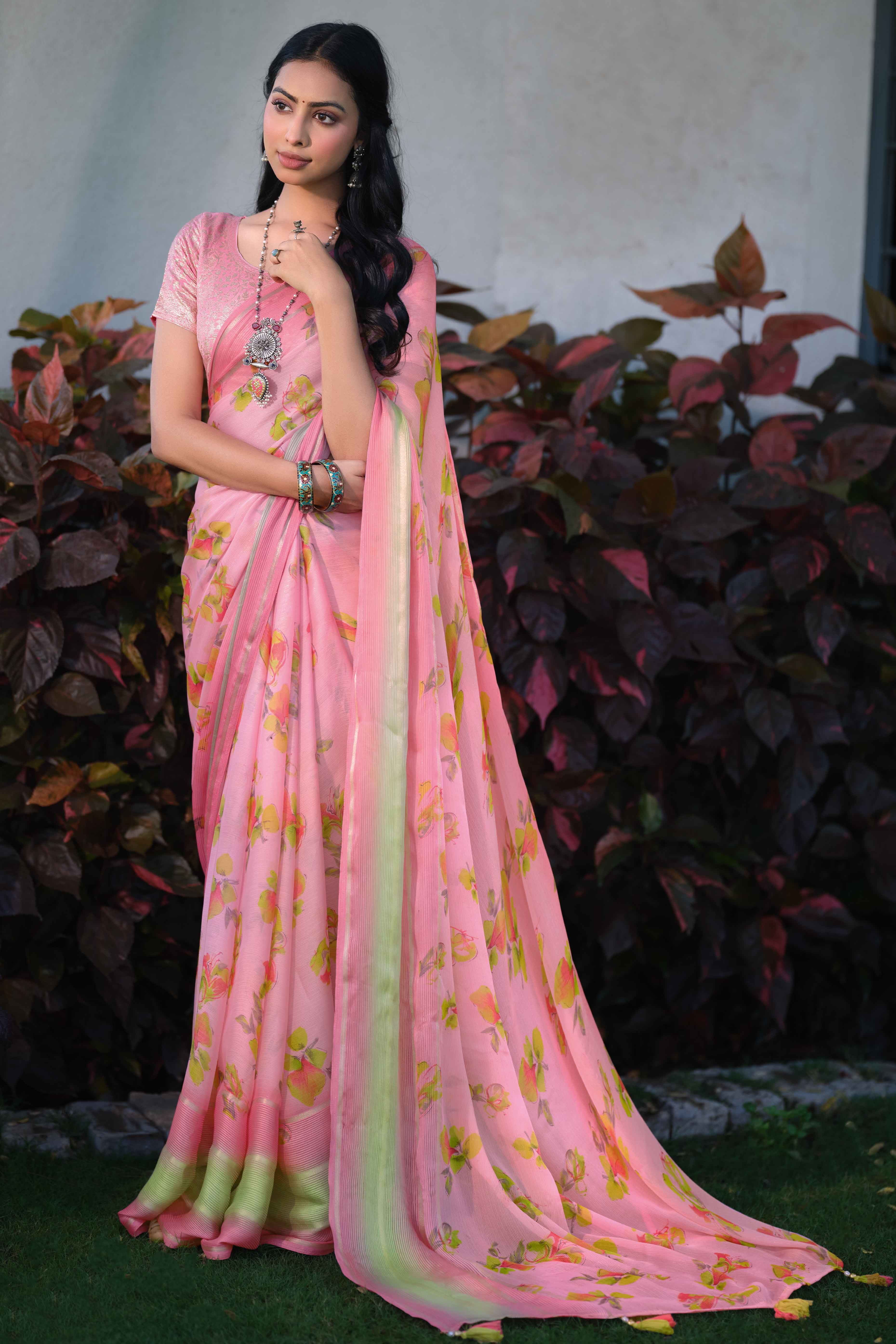 Charming Floral Print Soft Peach Chiffon Saree with Breezy Lightness