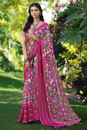 Charming Floral Print Magenta Chiffon Saree with Breezy Lightness