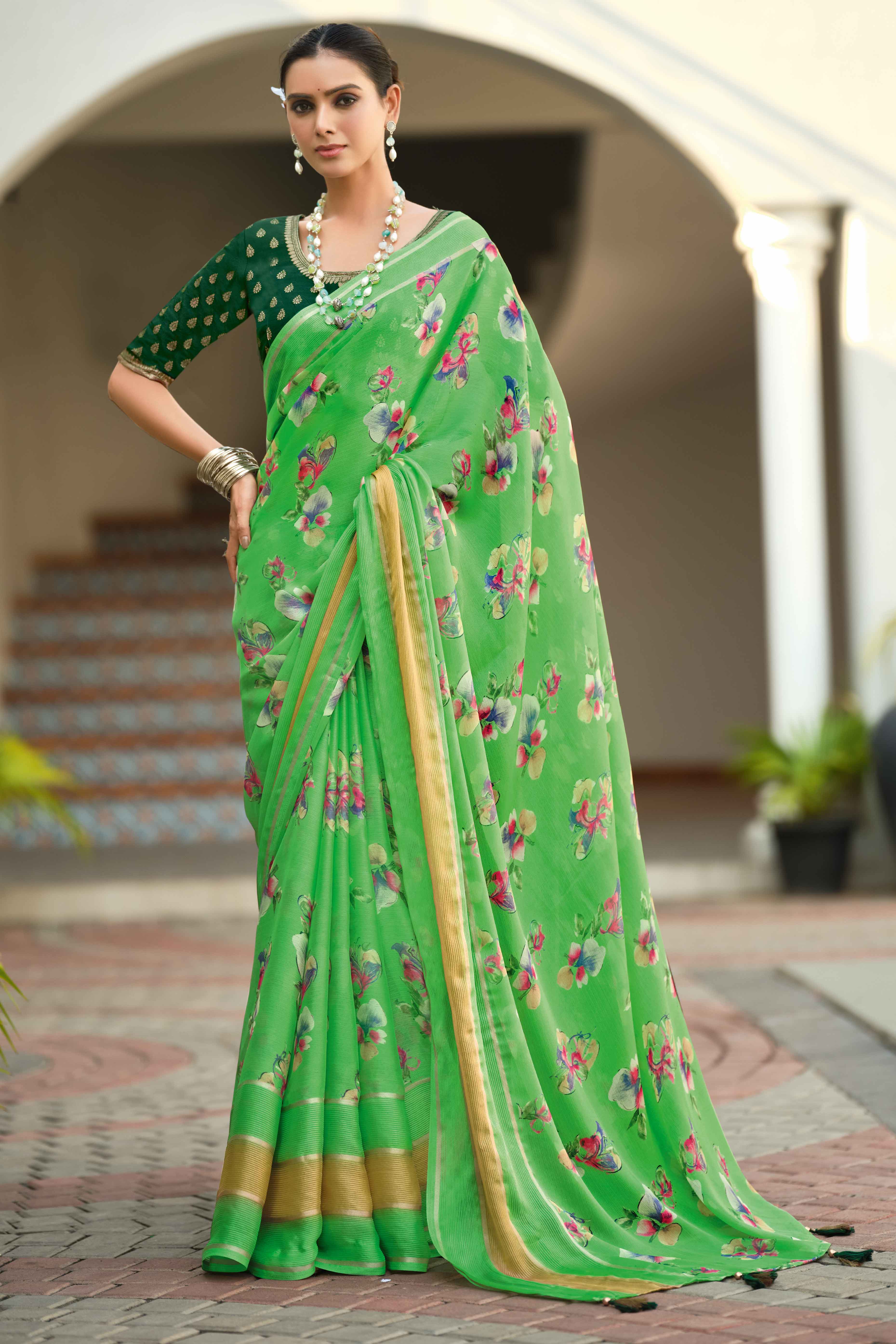 Charming Floral Print Parrot Green Chiffon Saree with Breezy Lightness