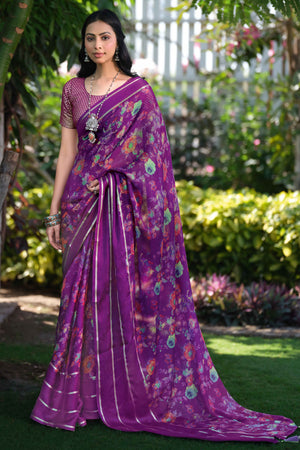 Charming Floral Print Purple Chiffon Saree with Breezy Lightness