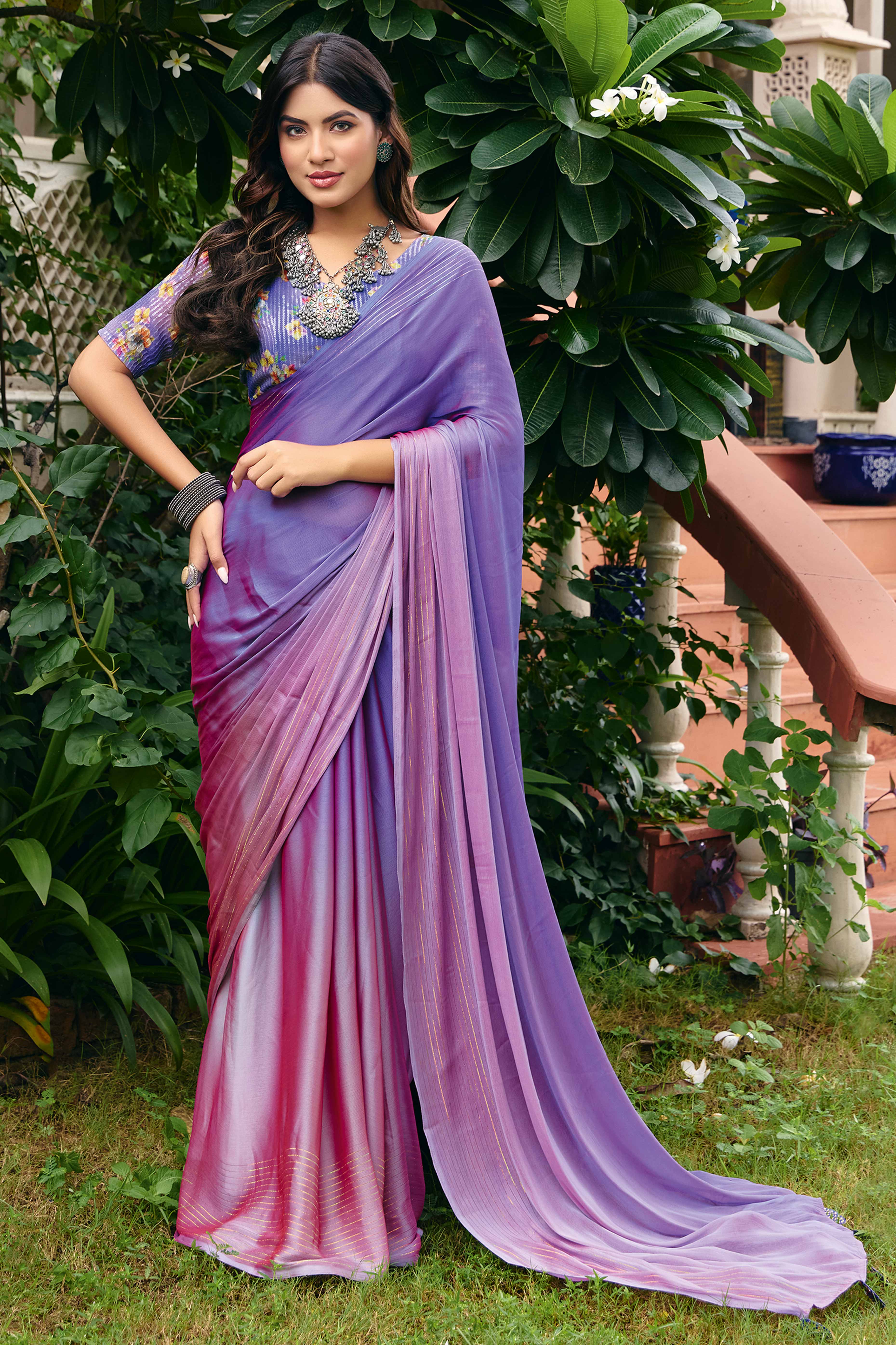 Lavender Ombre Chiffon Saree Embellished with Golden Zari