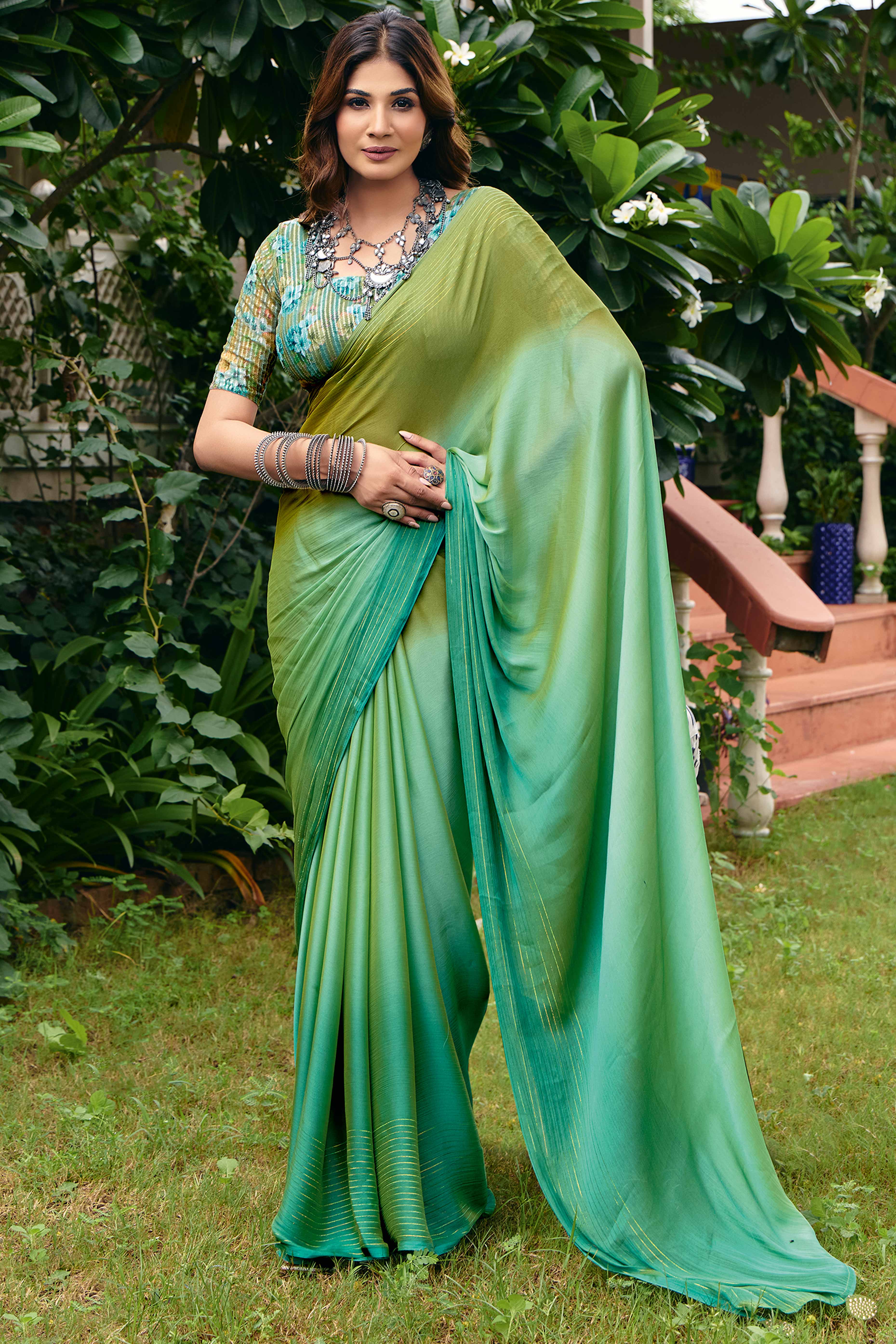Green Ombre Chiffon Saree Embellished with Golden Zari