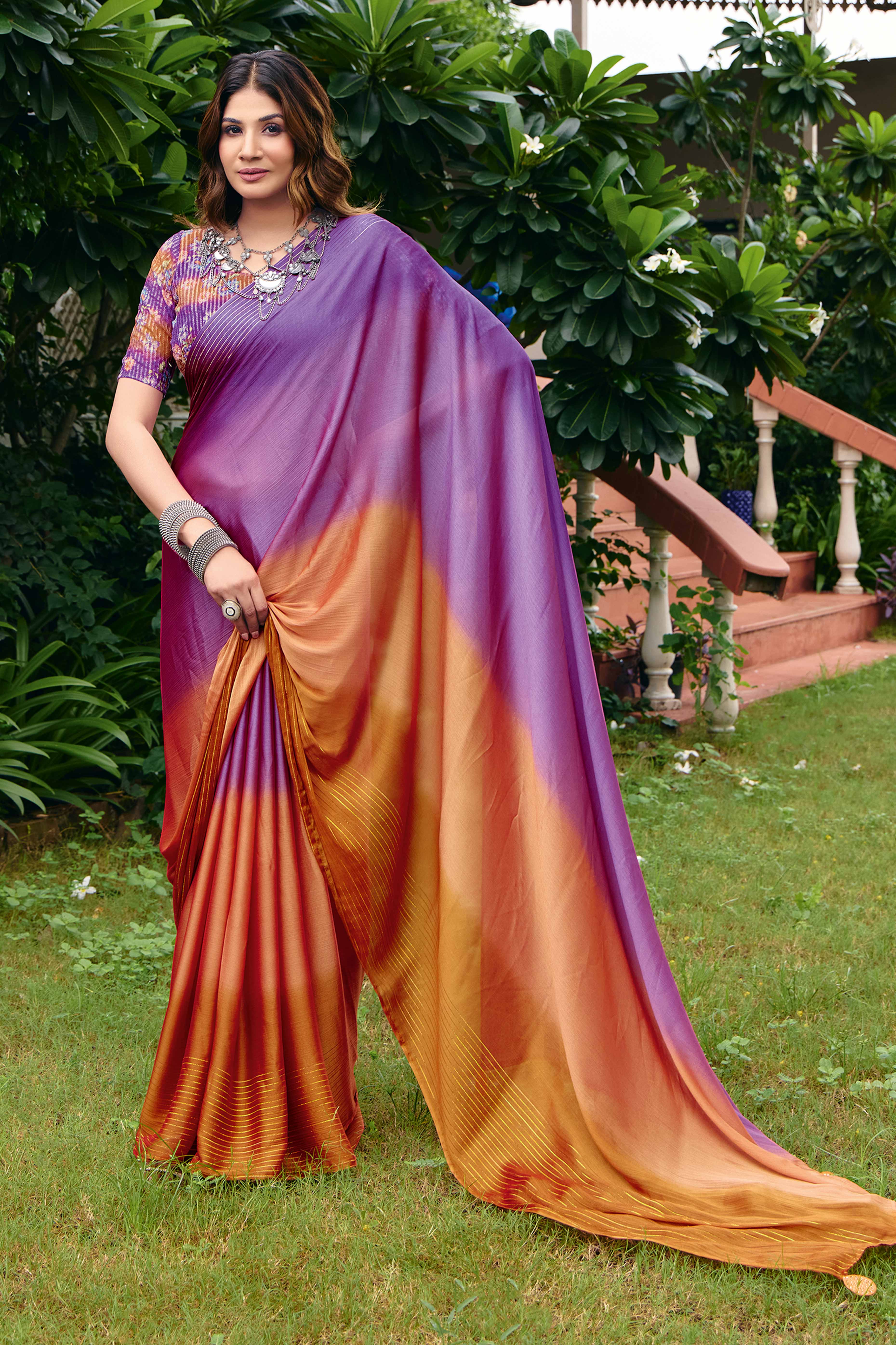 Purple & Brown Ombre Chiffon Saree Embellished with Golden Zari