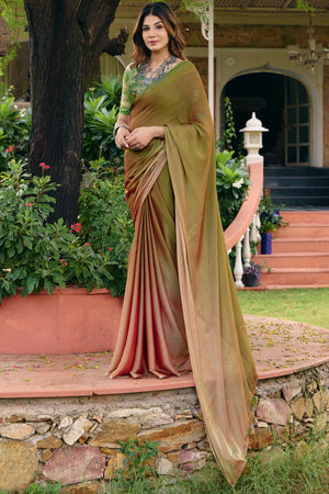 Olive Ombre Chiffon Saree Embellished with Golden Zari