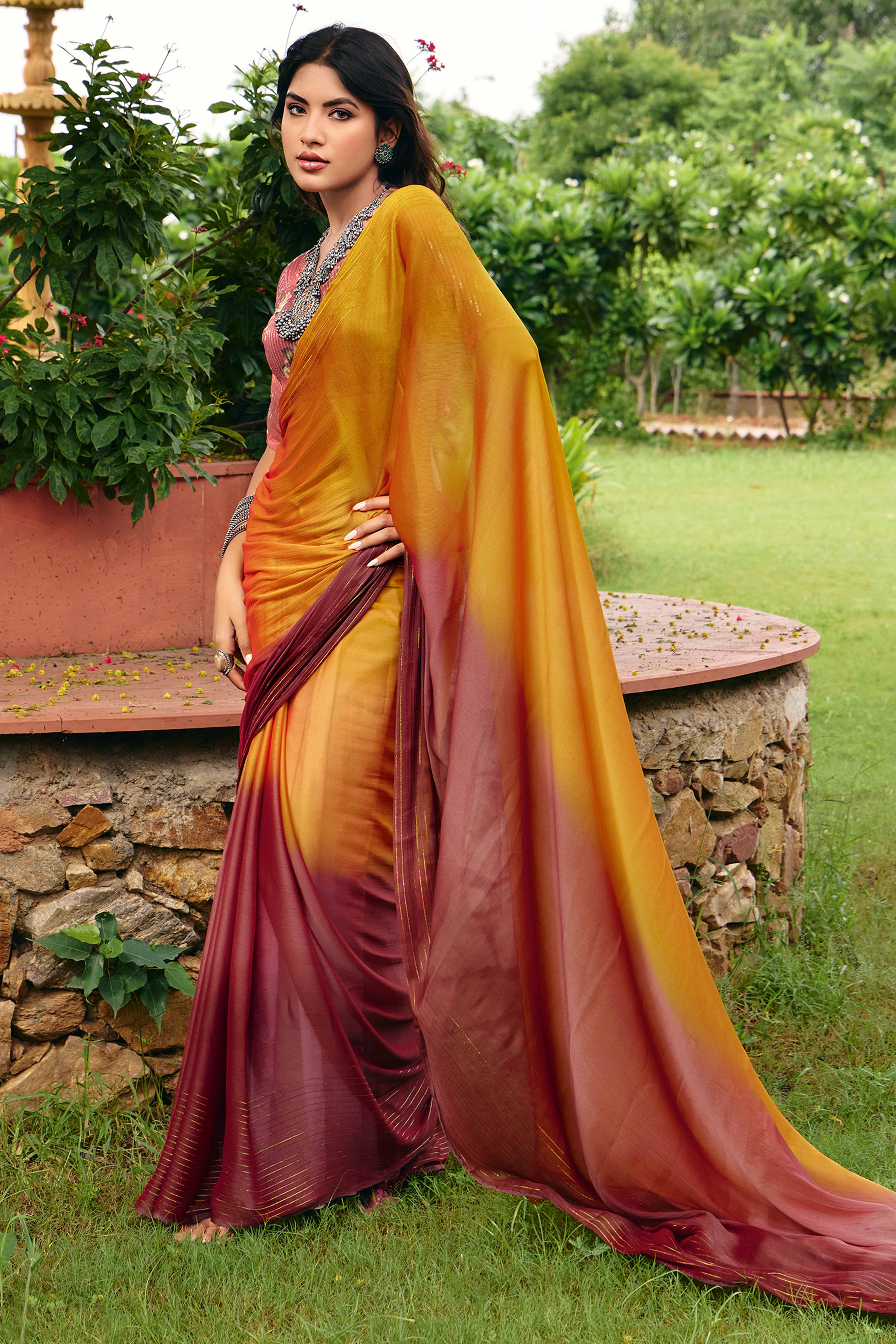 Mustard Ombre Chiffon Saree Embellished with Golden Zari