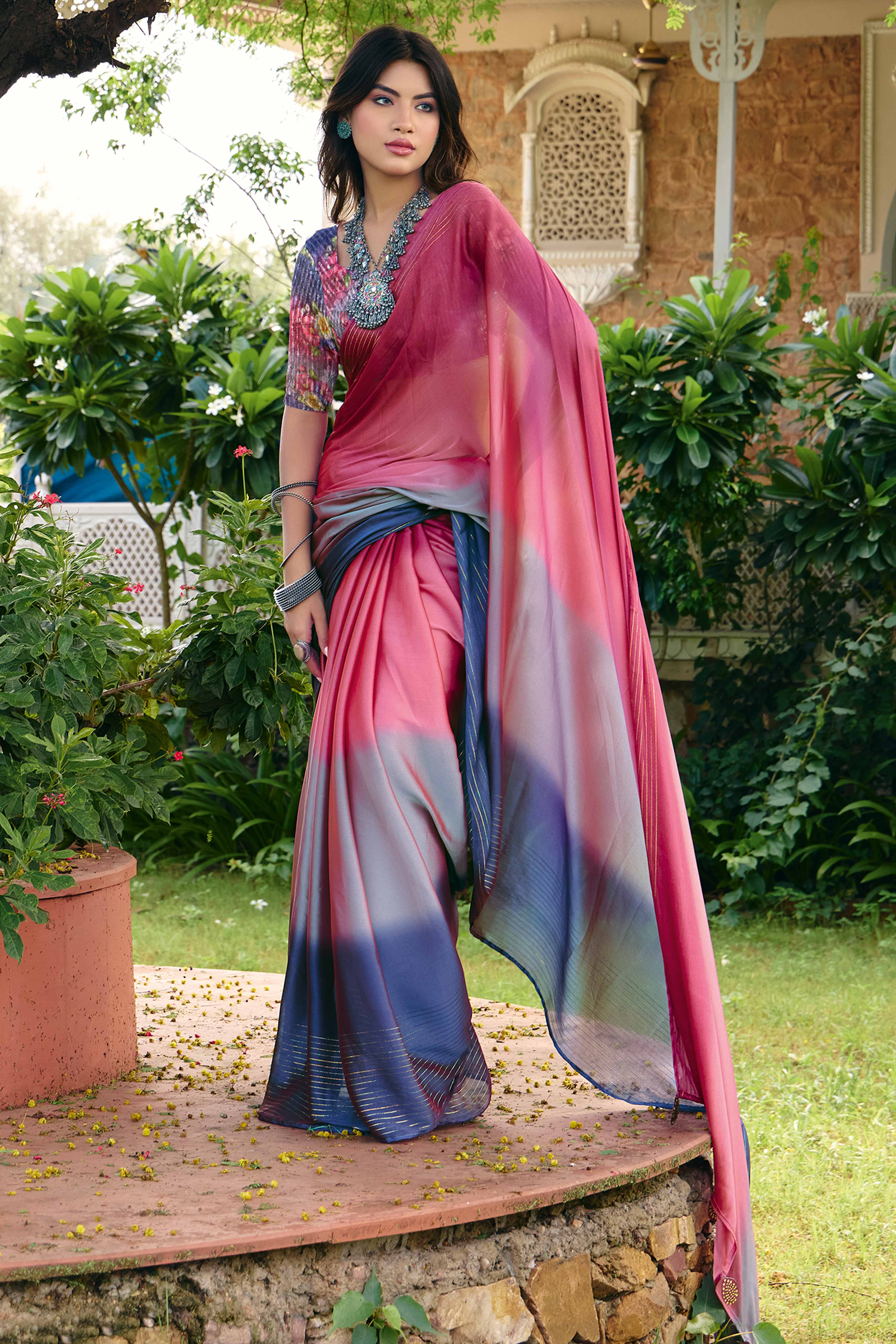 Multicolor Ombre Chiffon Saree Embellished with Golden Zari
