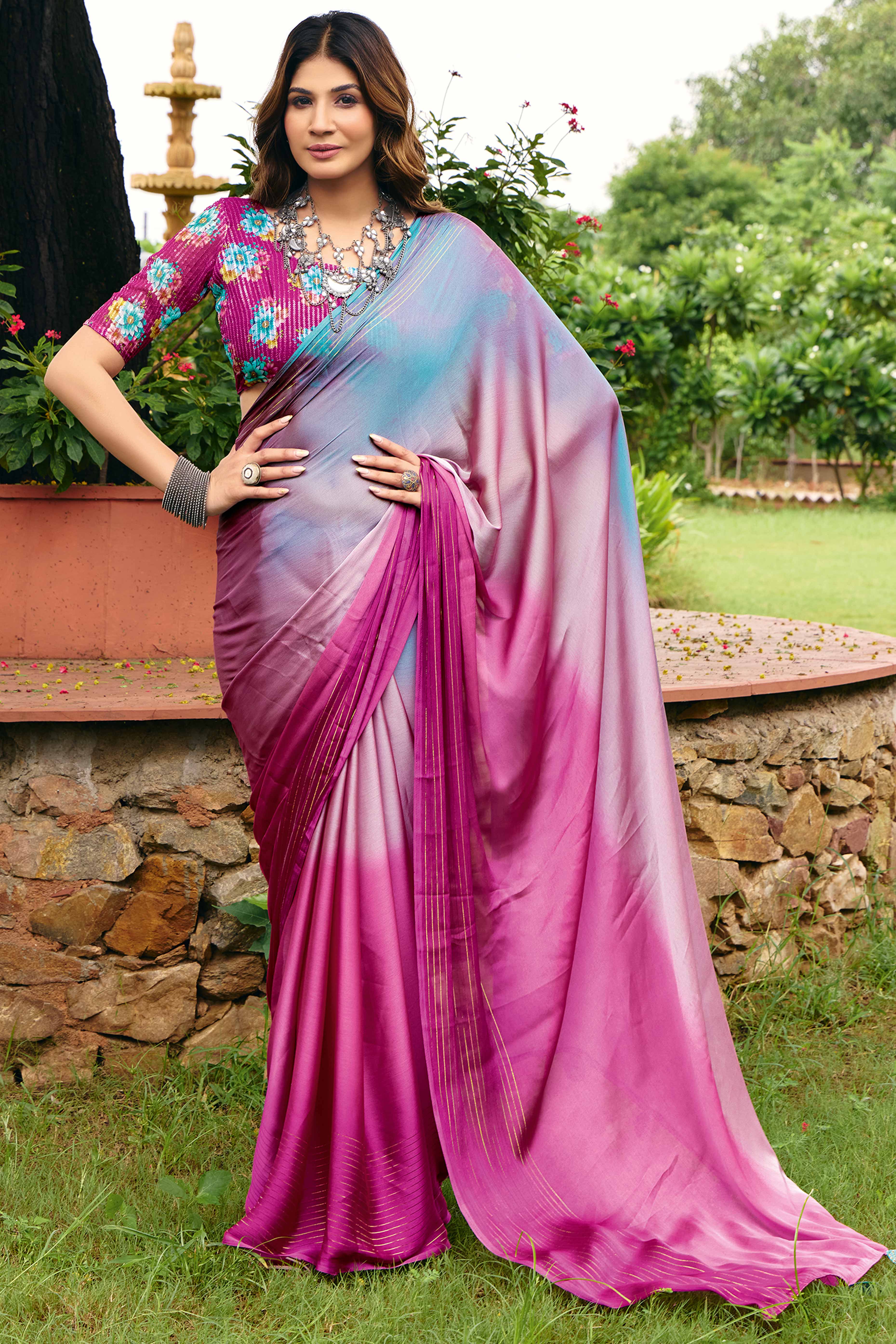 Multicolor Chiffon Saree Featuring Ombre Effect & Zari Detailing