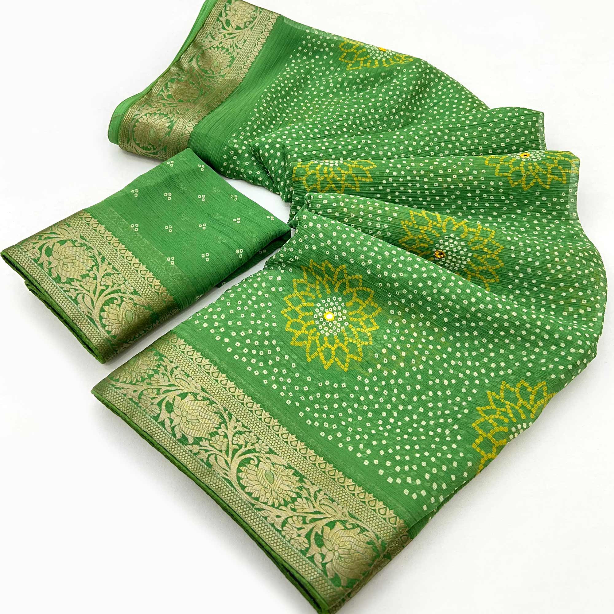Green Bandhani Printed Chiffon Saree