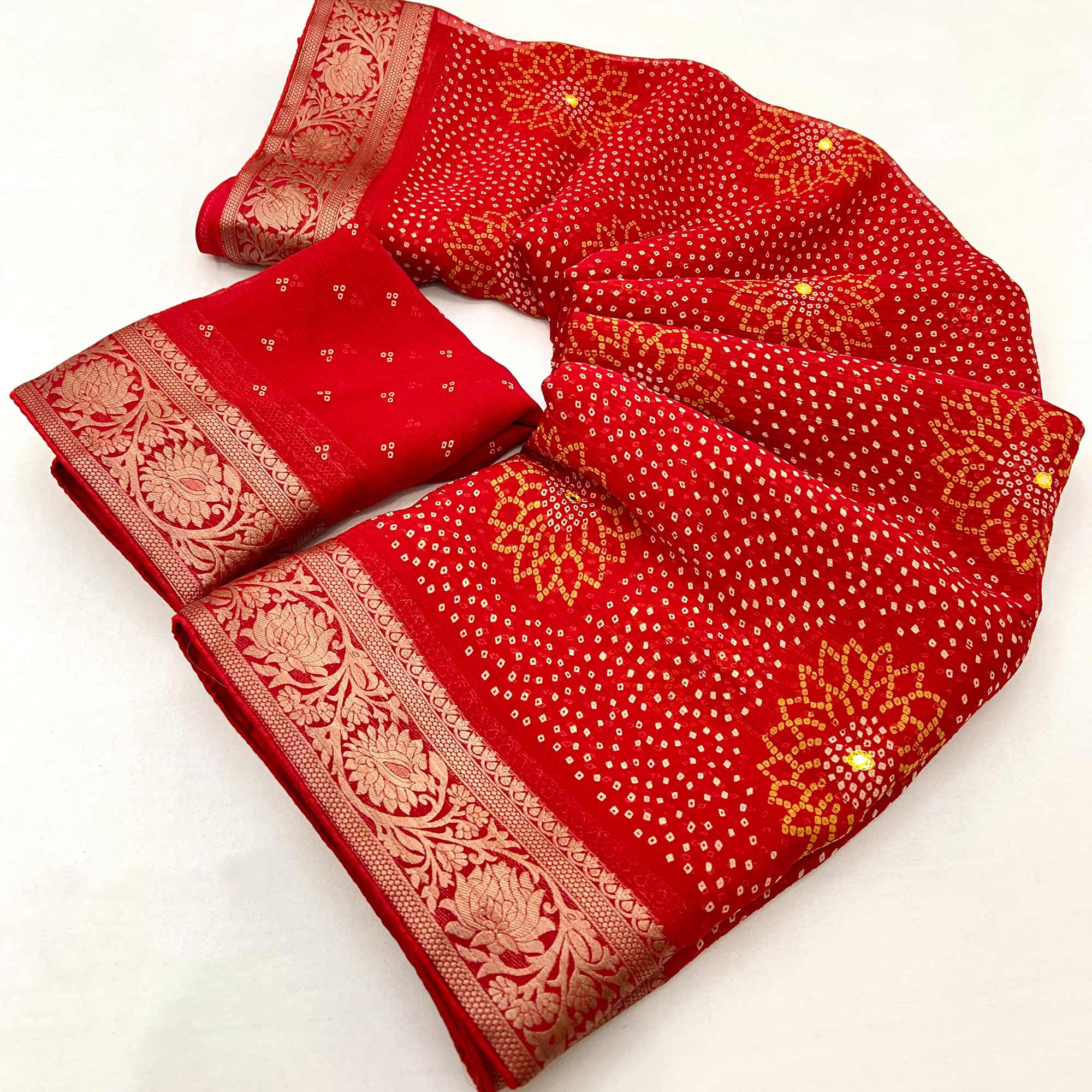 Red Bandhani Printed Chiffon Saree