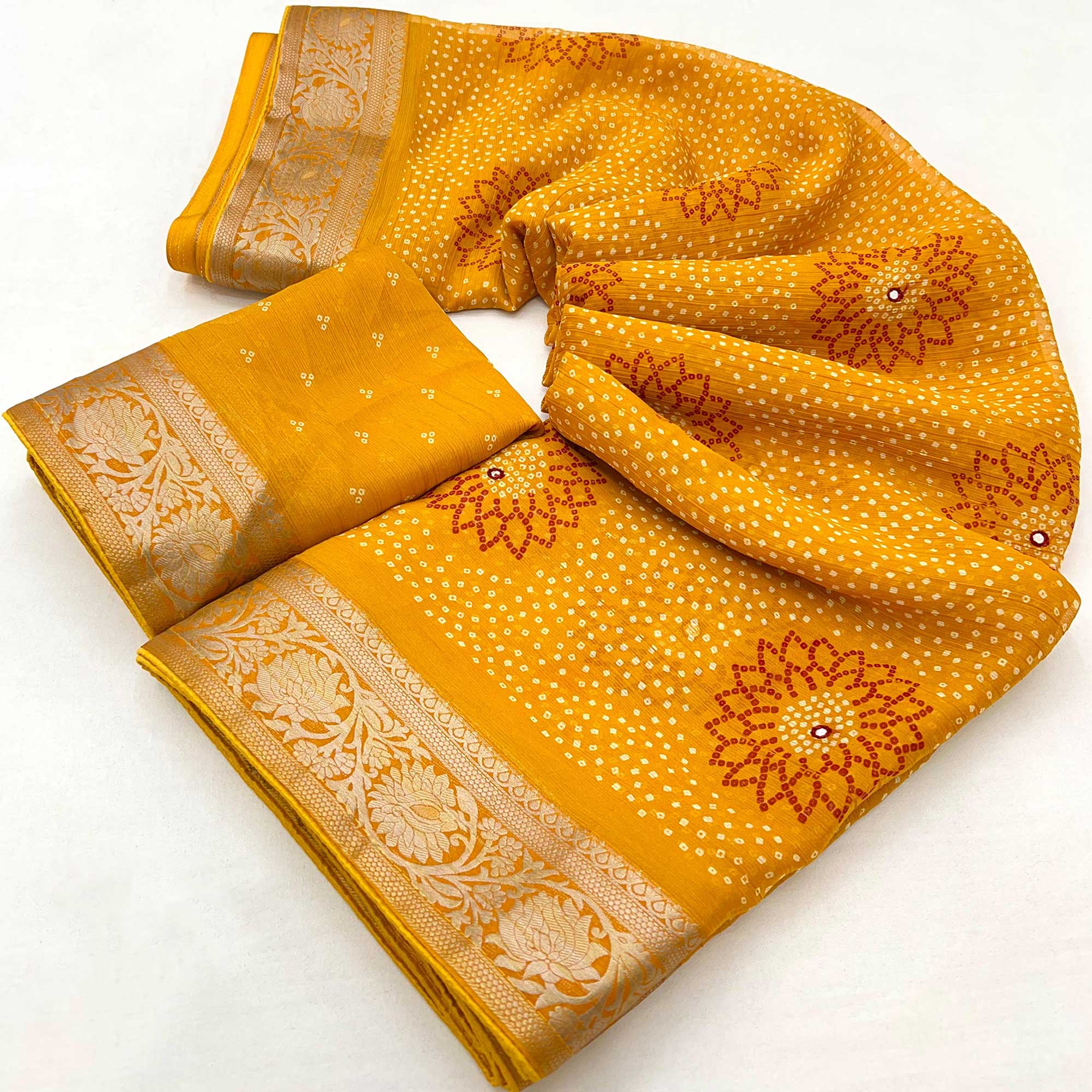 Mustard Bandhani Printed Chiffon Saree
