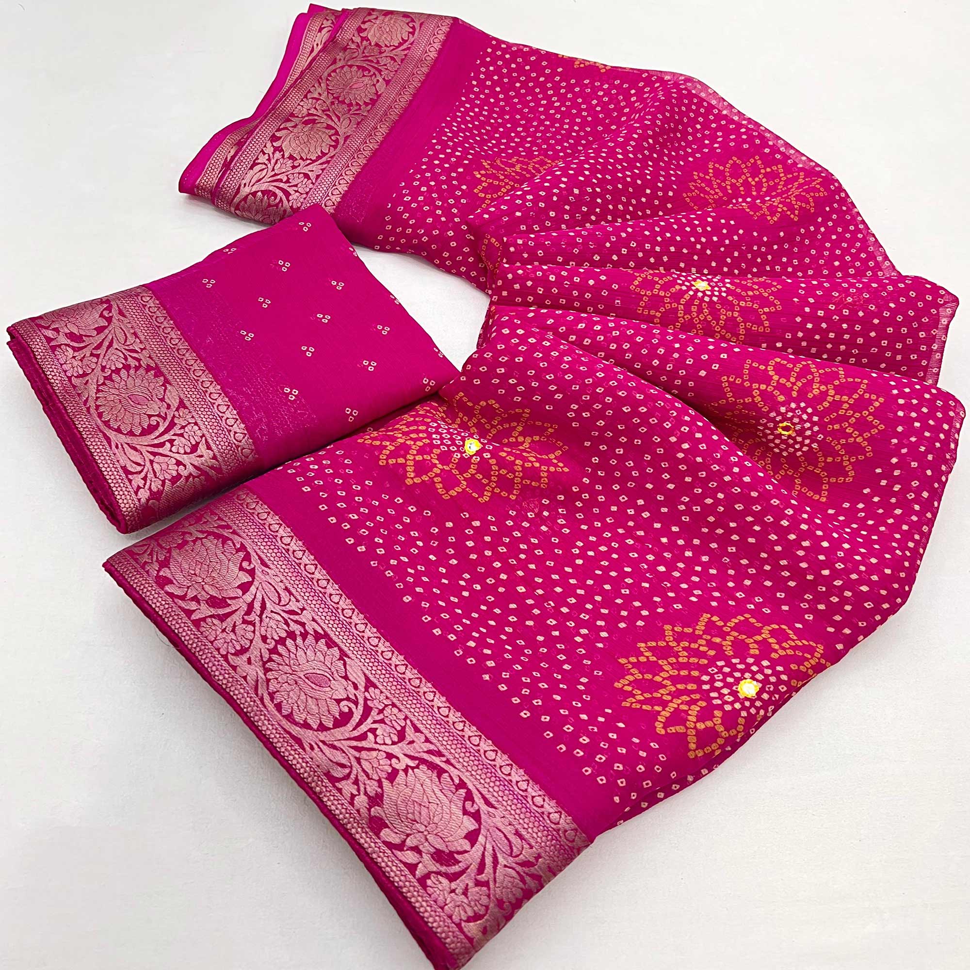 Pink Bandhani Printed Chiffon Saree