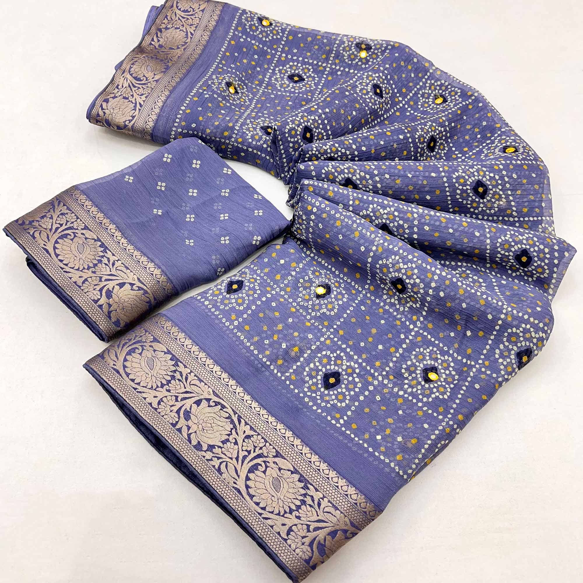 Blue Bandhani Printed Chiffon Saree
