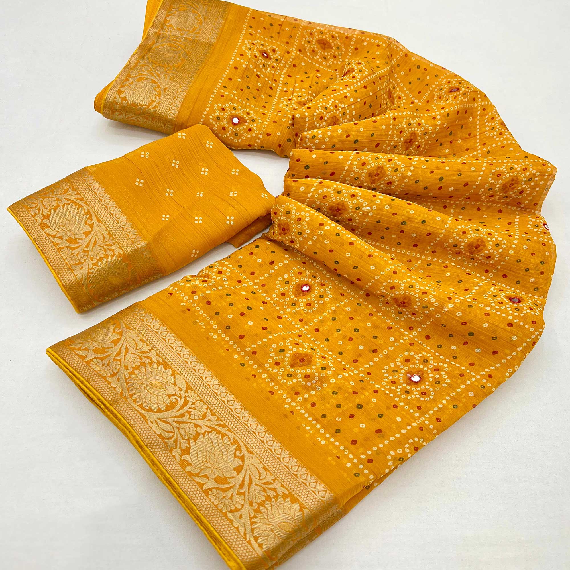 Mustard Bandhani Printed Chiffon Saree
