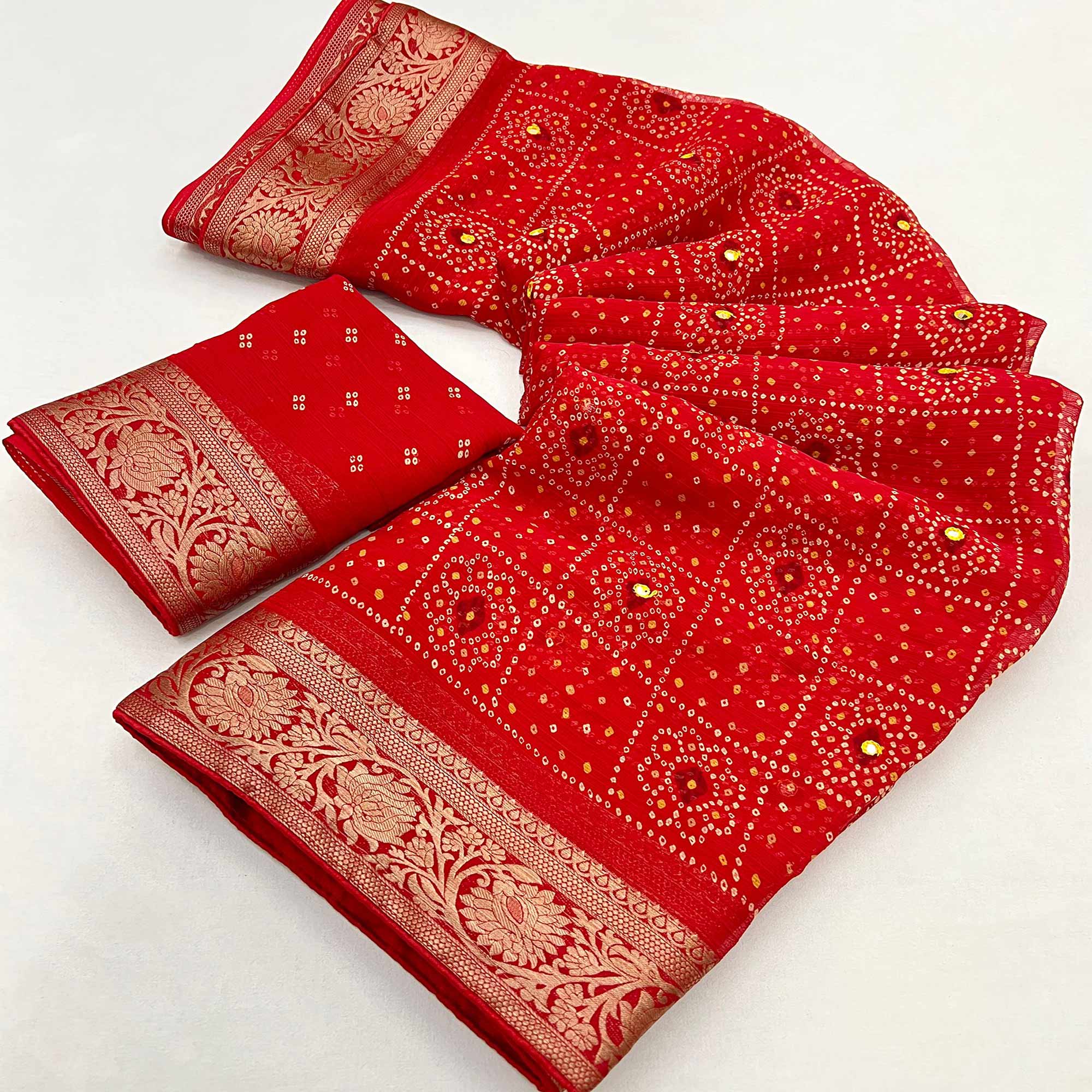 Red Bandhani Printed Chiffon Saree