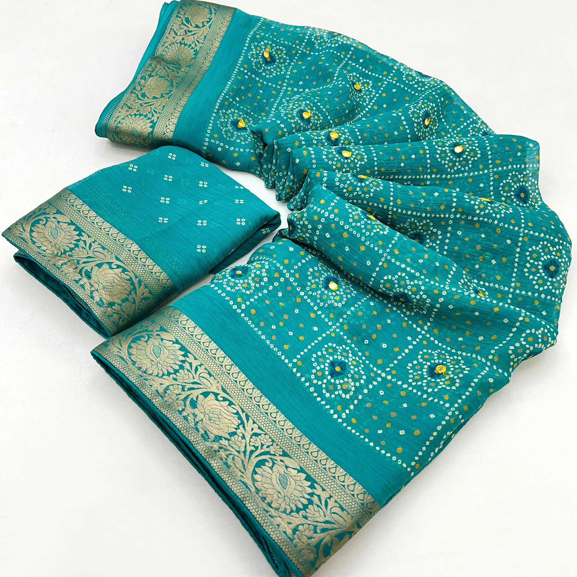 Rama Green Bandhani Printed Chiffon Saree