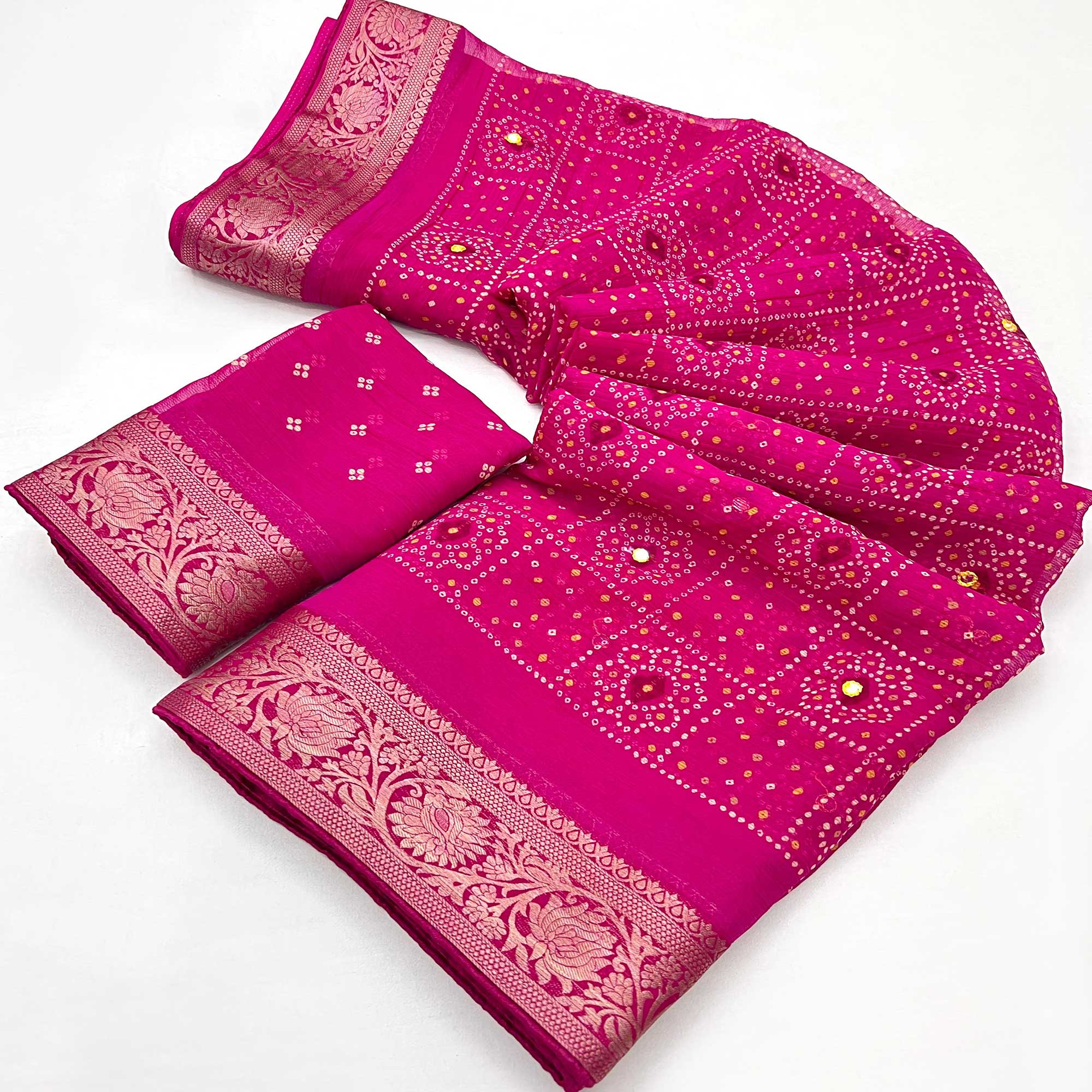 Pink Bandhani Printed Chiffon Saree