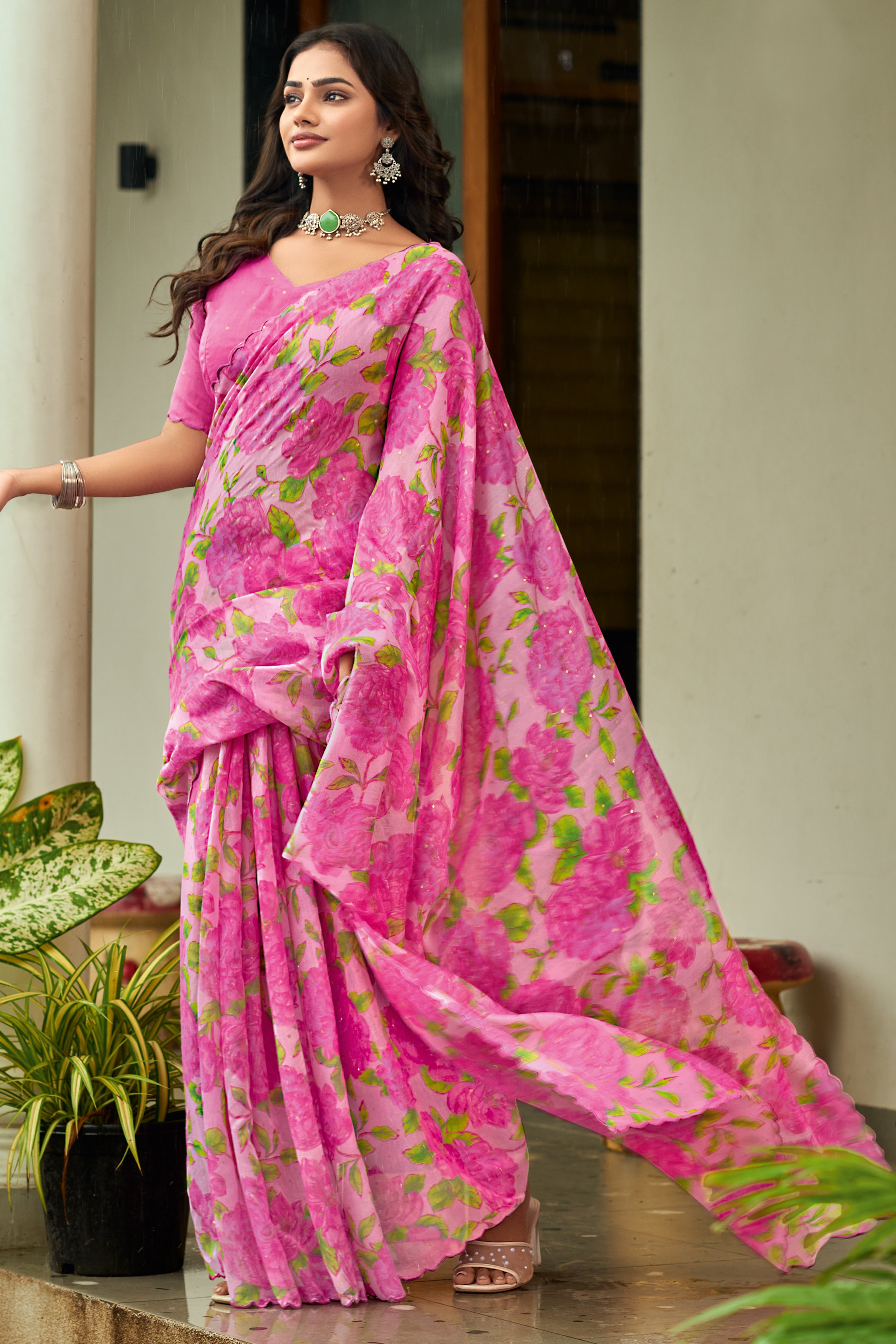 Pink Floral Printed Silk Blend Saree Enhanced with Intricate Stone Detailing
