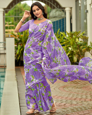 Lavender Floral Printed Silk Blend Saree Enhanced with Intricate Stone Detailing