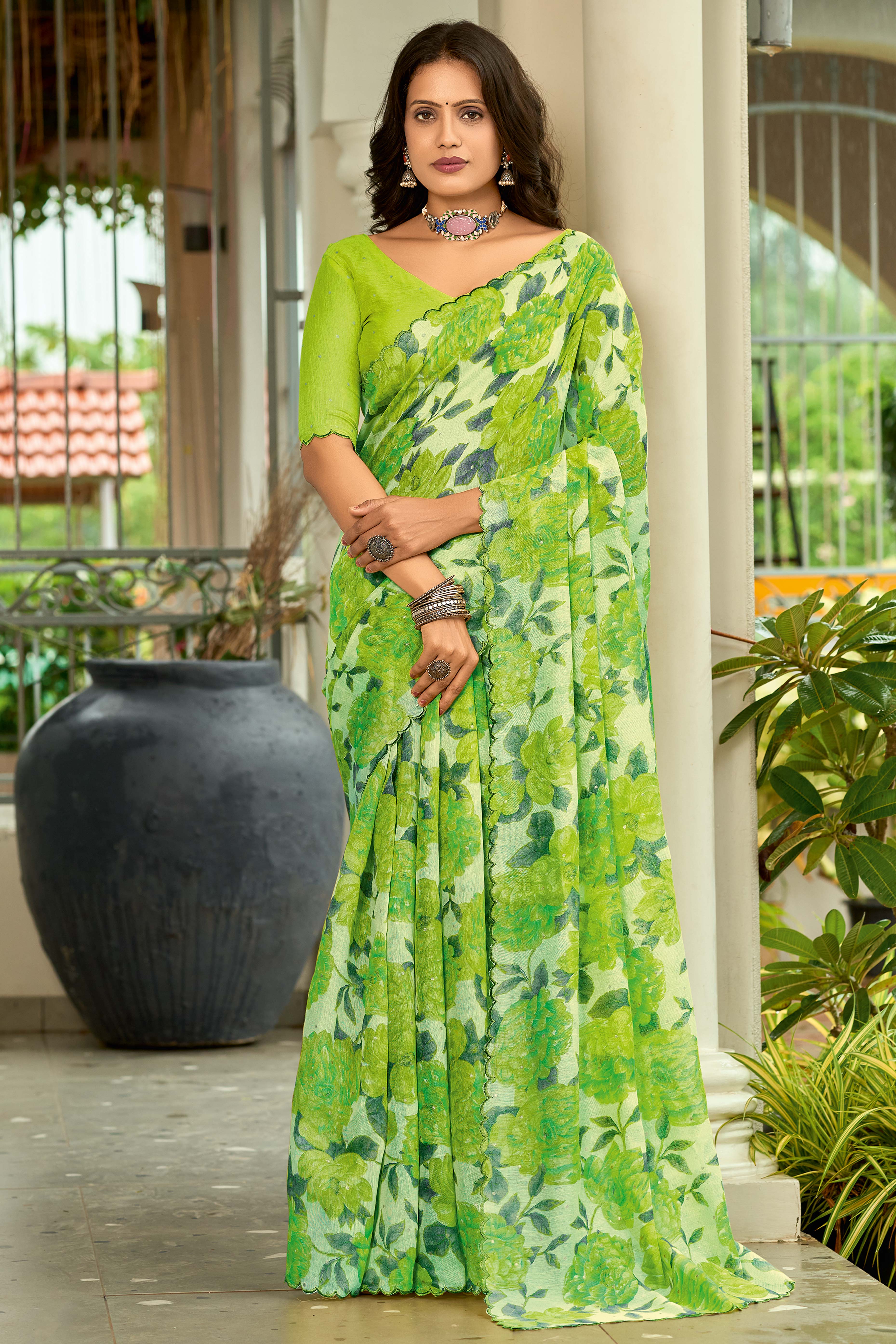 Green Floral Printed Silk Blend Saree Enhanced with Intricate Stone Work