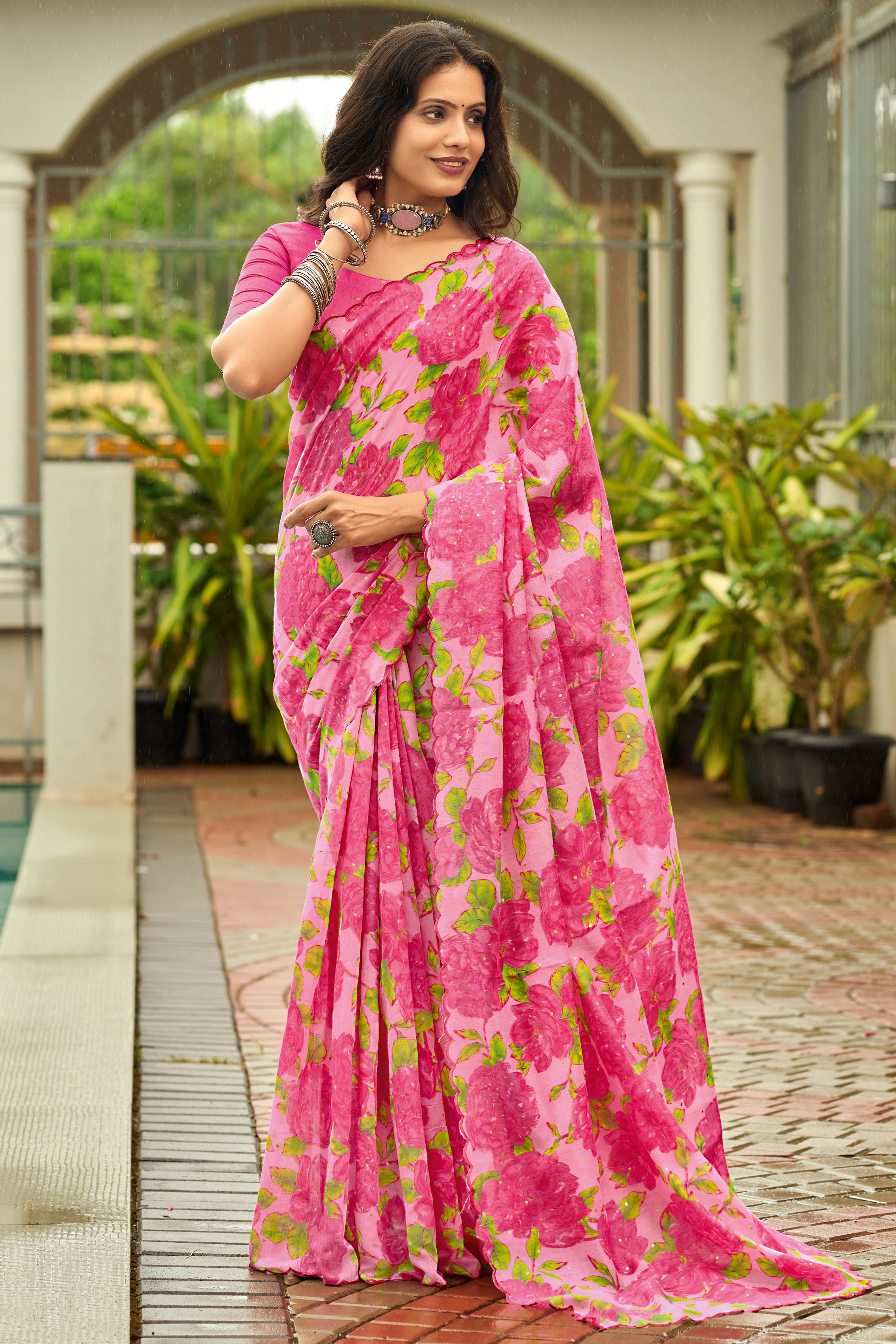 Pink Floral Printed Silk Blend Saree Enhanced with Intricate Stone Work