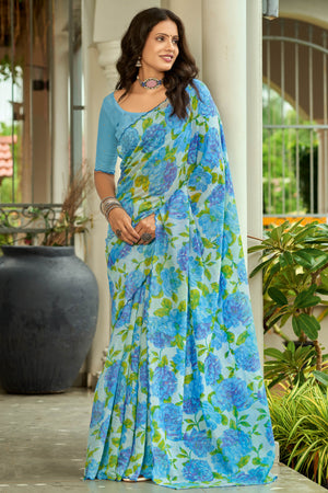 Blue Floral Printed Silk Blend Saree Enhanced with Intricate Stone Work