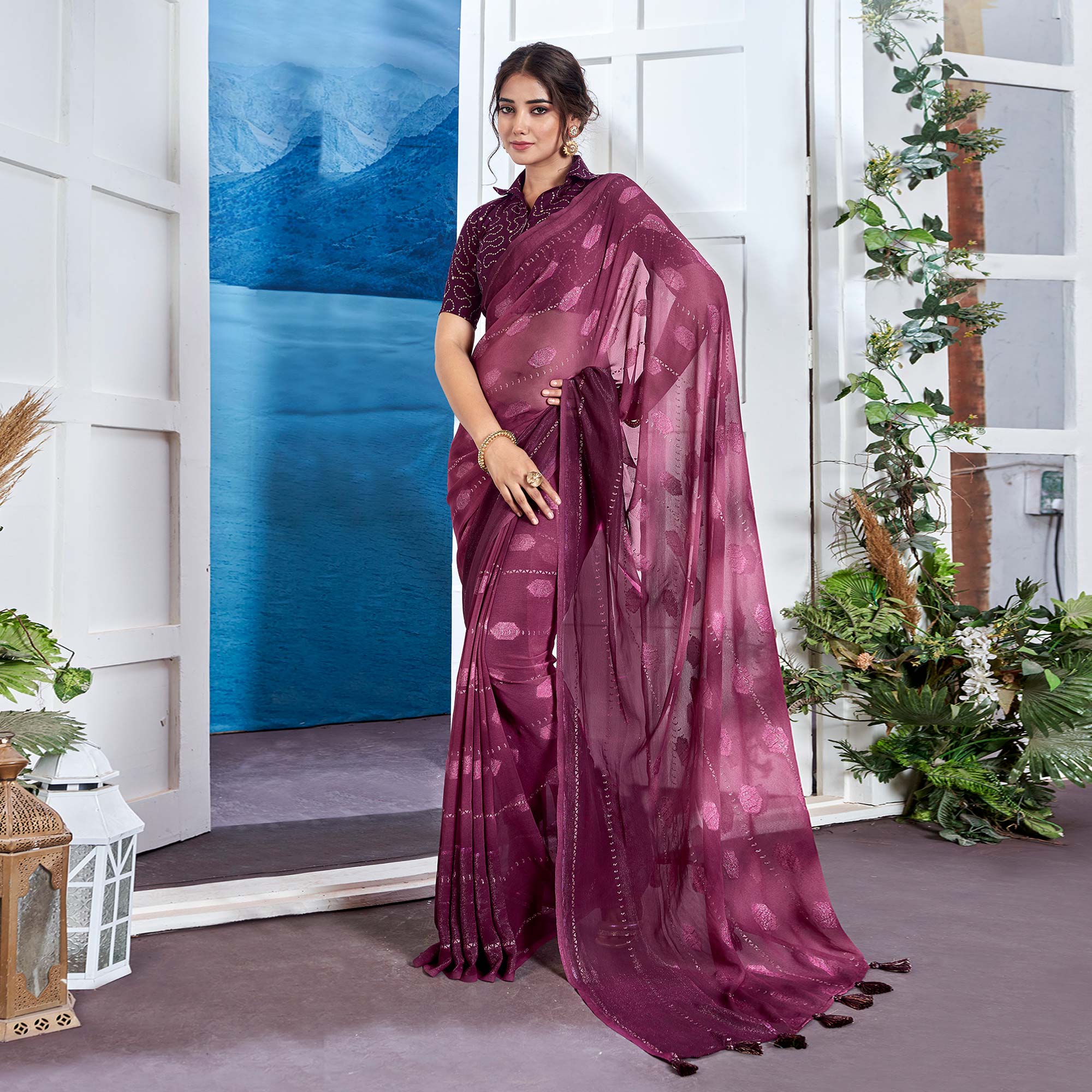 Dark Magenta Woven Fancy Fabric Saree With Tassels