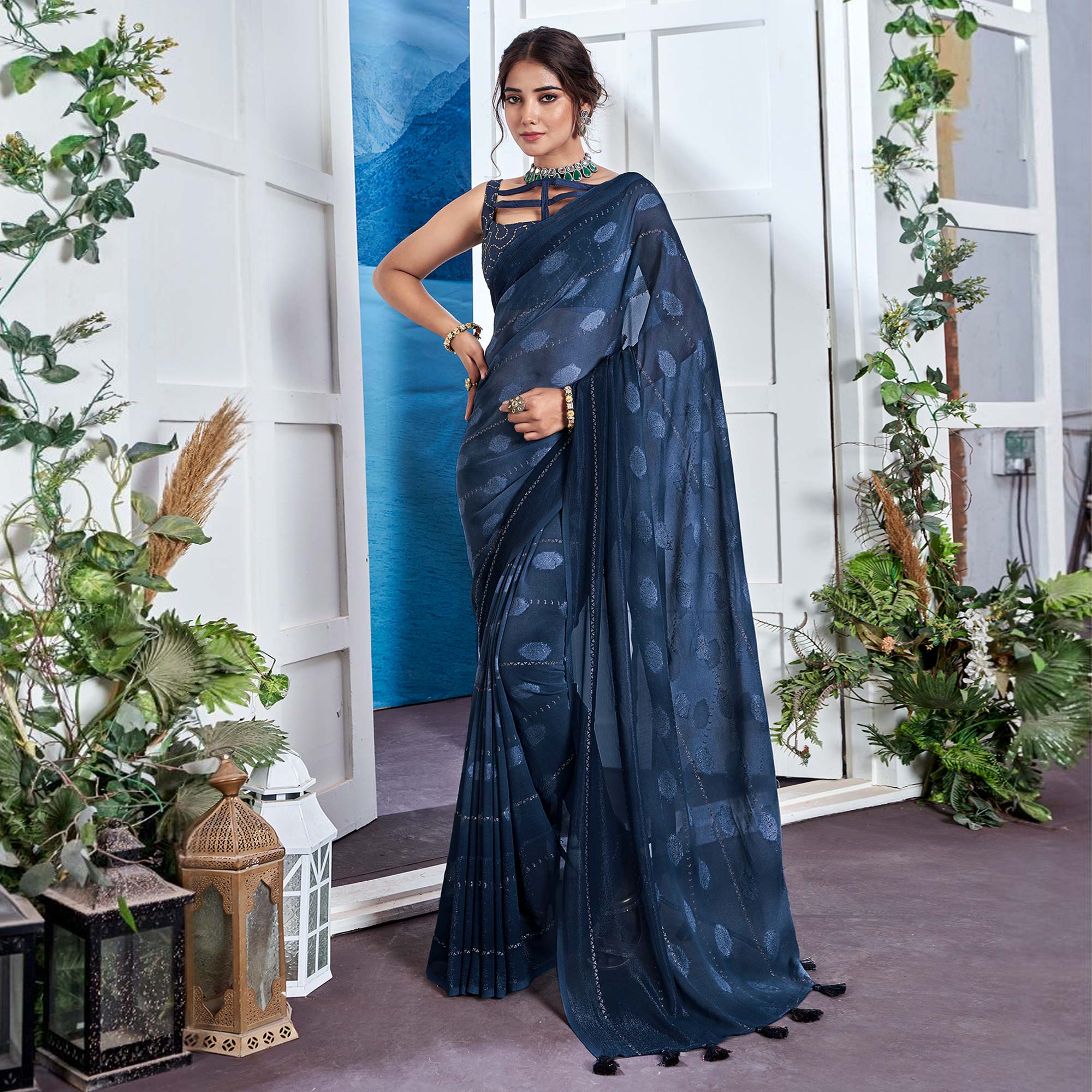 Blue Woven Fancy Fabric Saree With Tassels