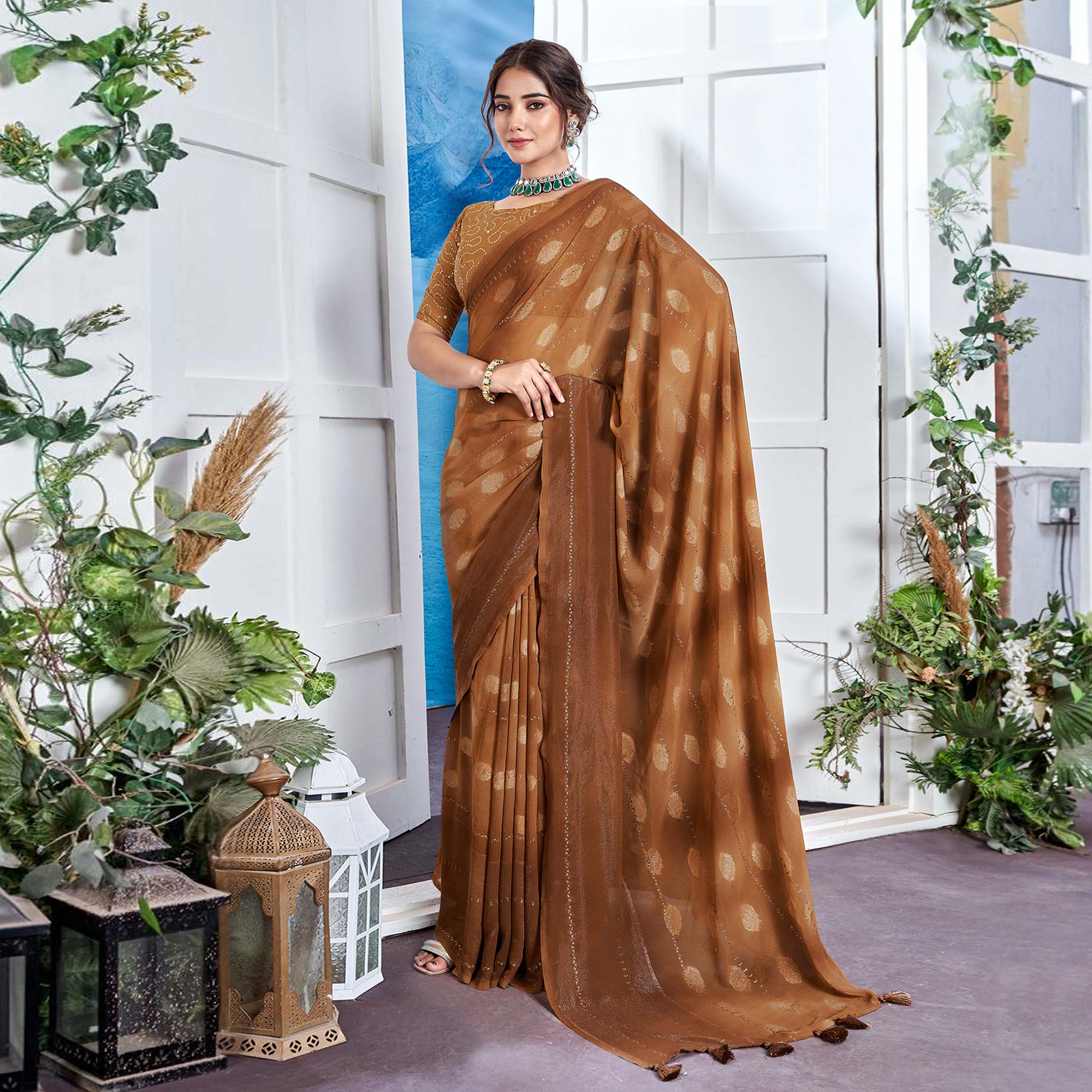 Brown Woven Fancy Fabric Saree With Tassels