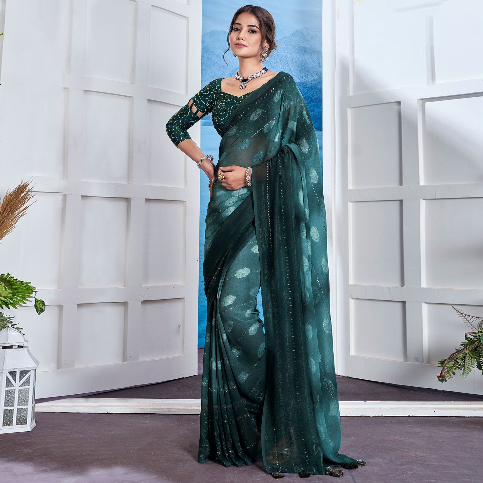 Teal Woven Fancy Fabric Saree With Tassels