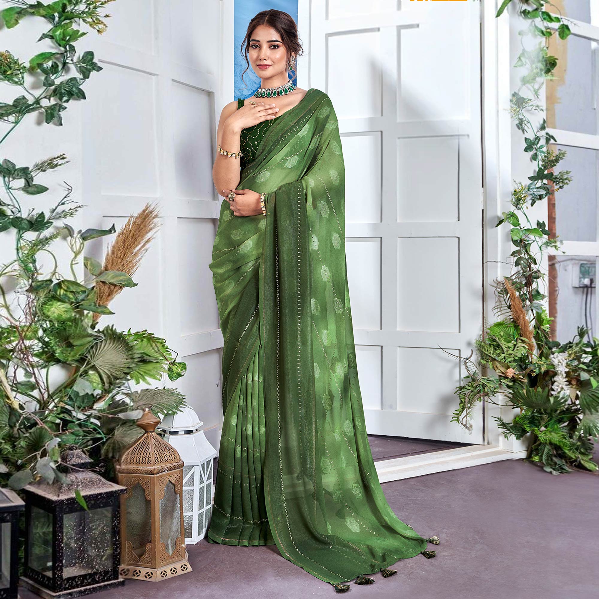 Green Woven Fancy Fabric Saree With Tassels