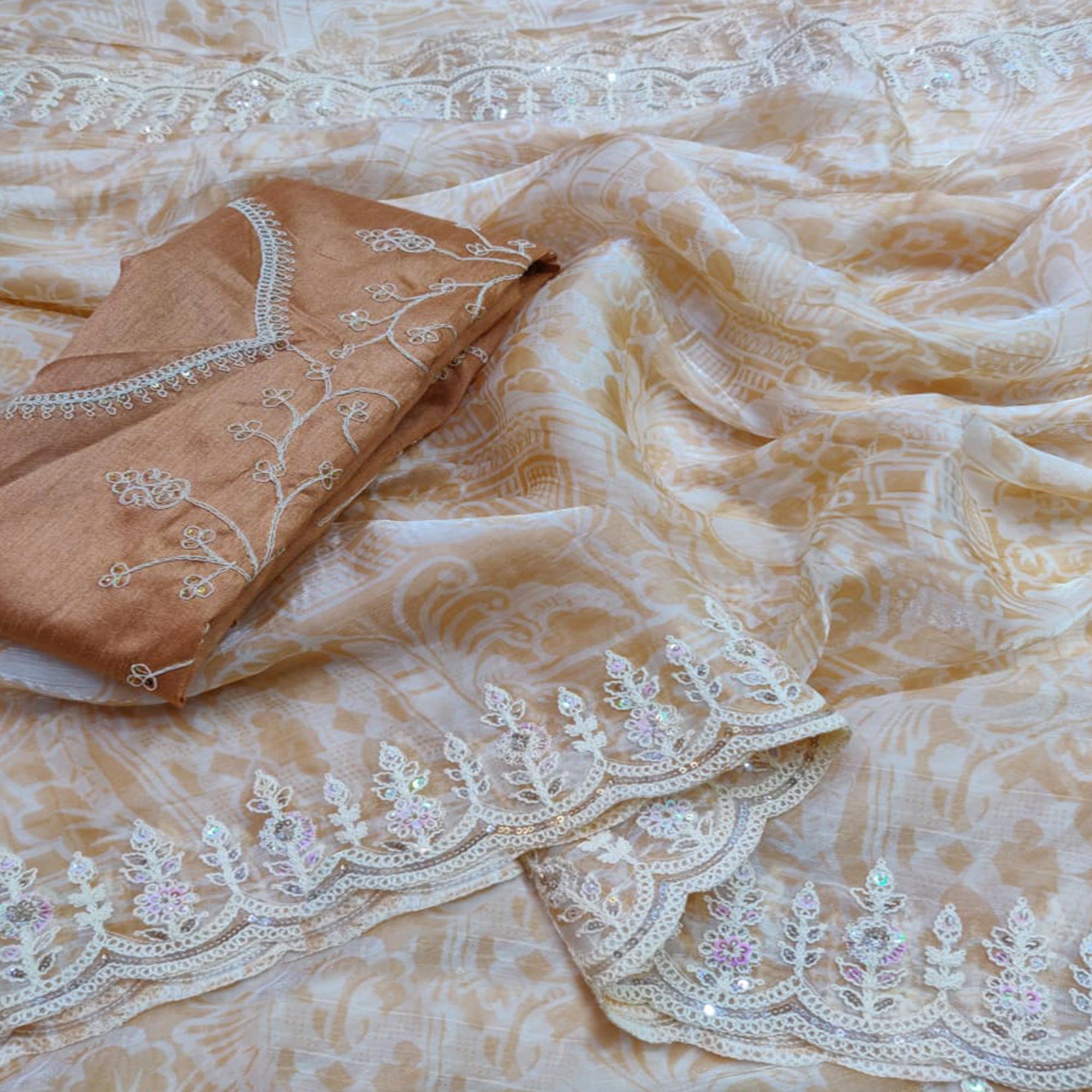 Light Brown Floral Printed Jimmy Choo Tissue Saree With Sequins Embroidered Border