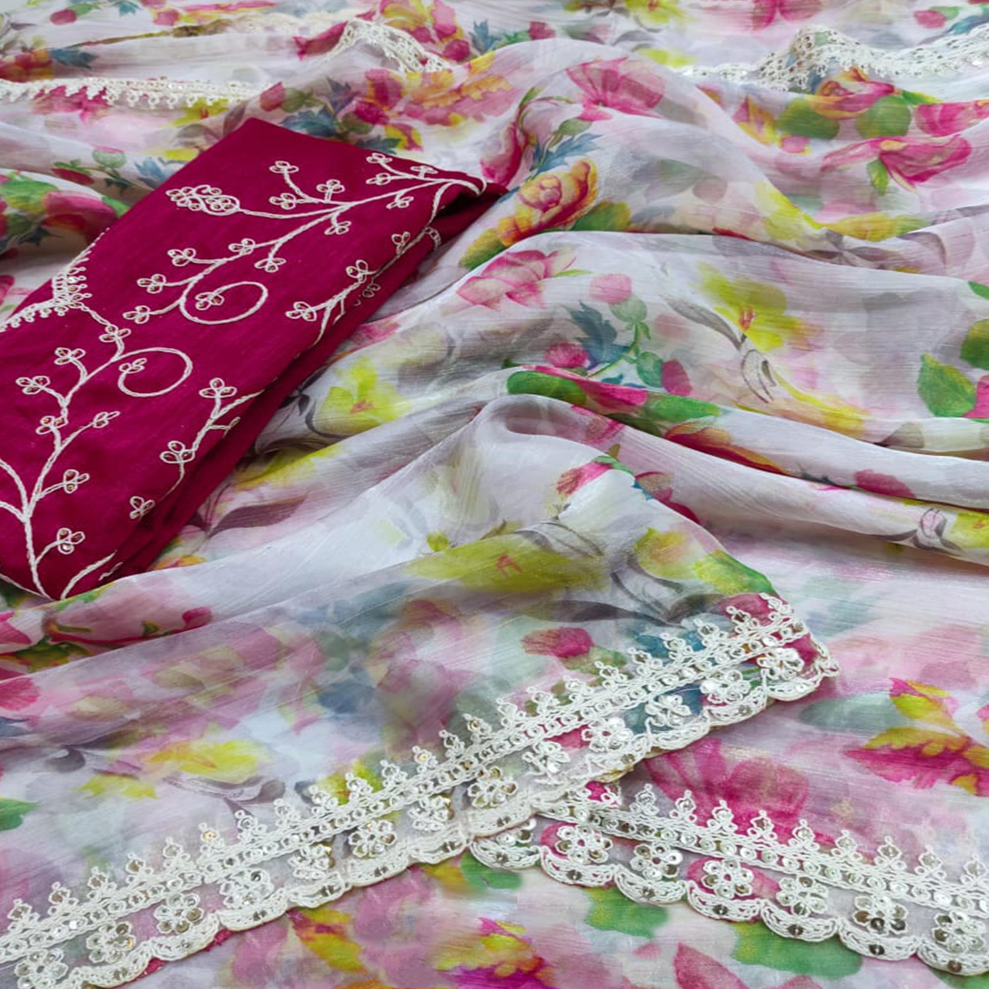 Multicolor Floral Printed Jimmy Choo Tissue Saree With Sequins Embroidered Border