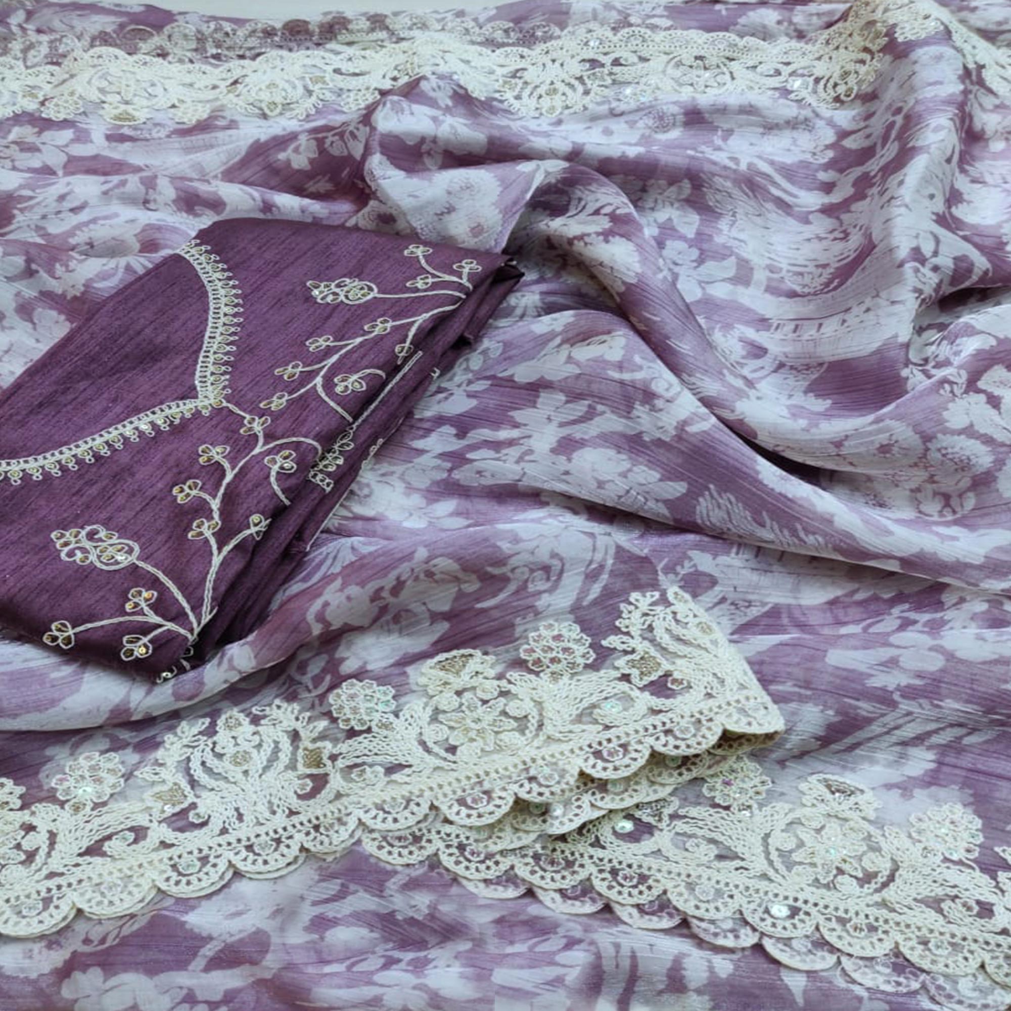 Purple Floral Printed Jimmy Choo Tissue Saree With Sequins Embroidered Border