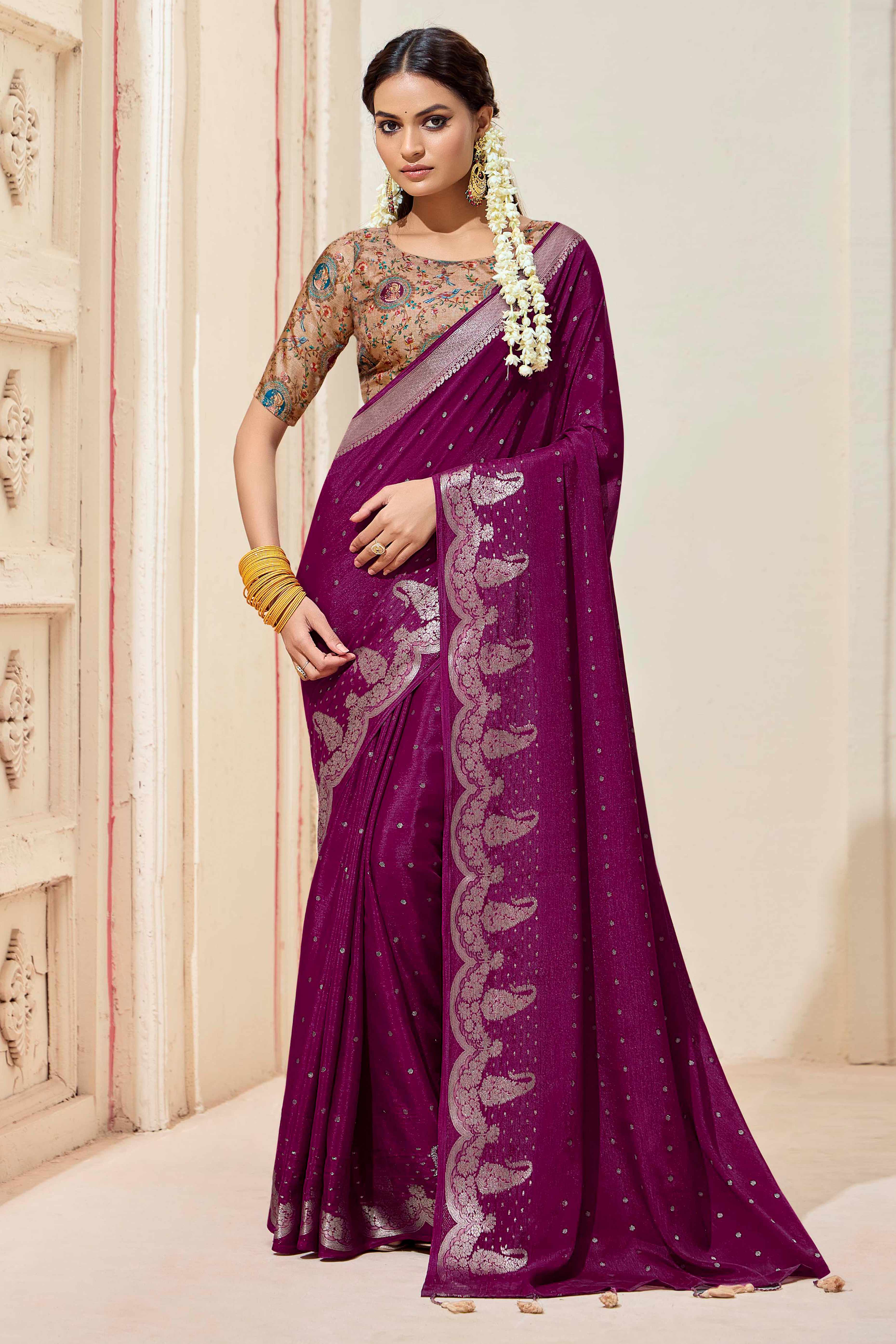 Magenta Chinon Saree with Jacquard Weaving and Delicate Tassel Accents