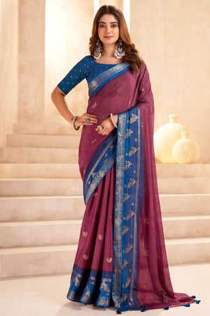 Mauve Chinon Saree Featuring Exquisite Jacquard Weaving for a Timeless and Refined Look