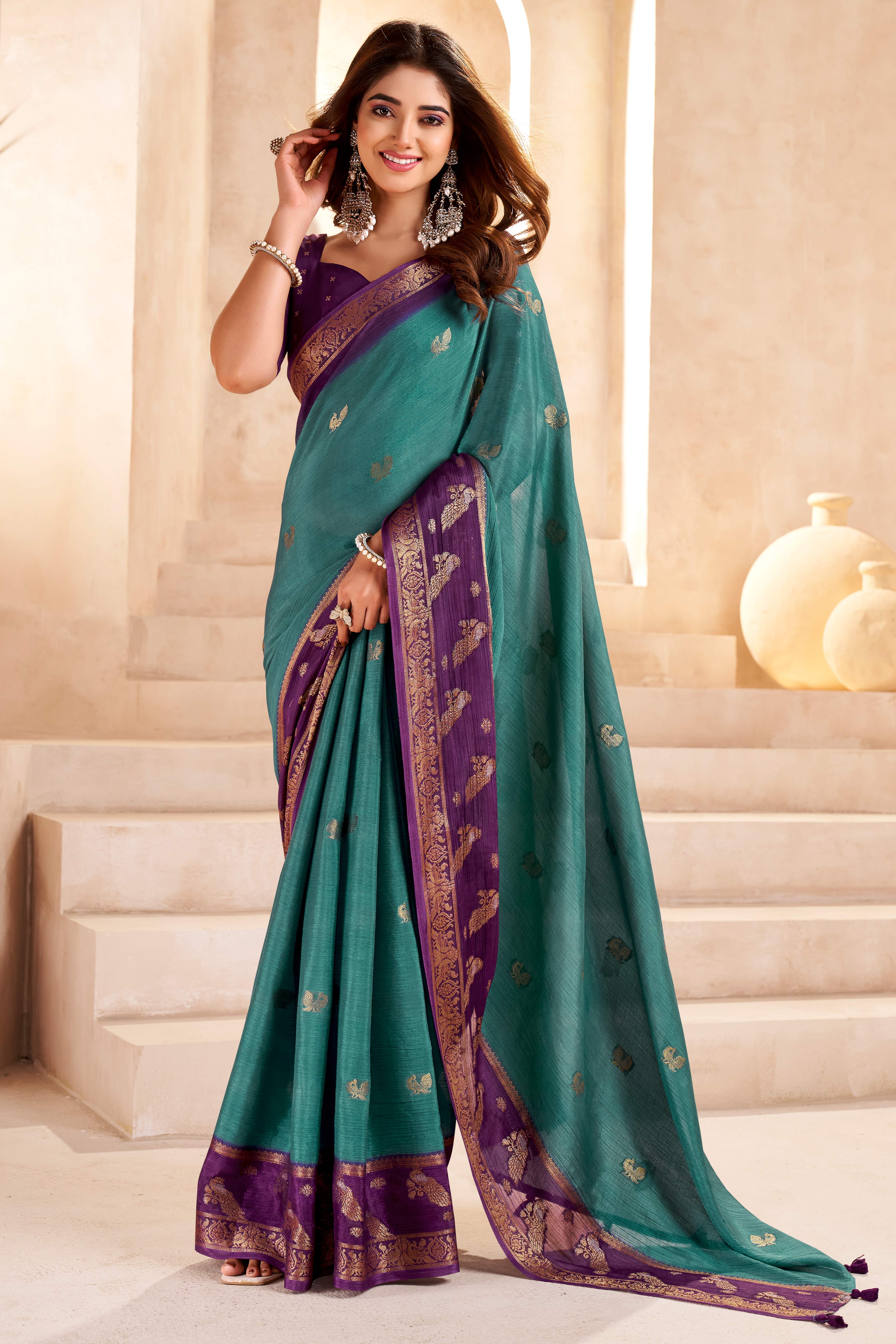 Teal Chinon Saree Featuring Exquisite Jacquard Weaving for a Timeless and Refined Look