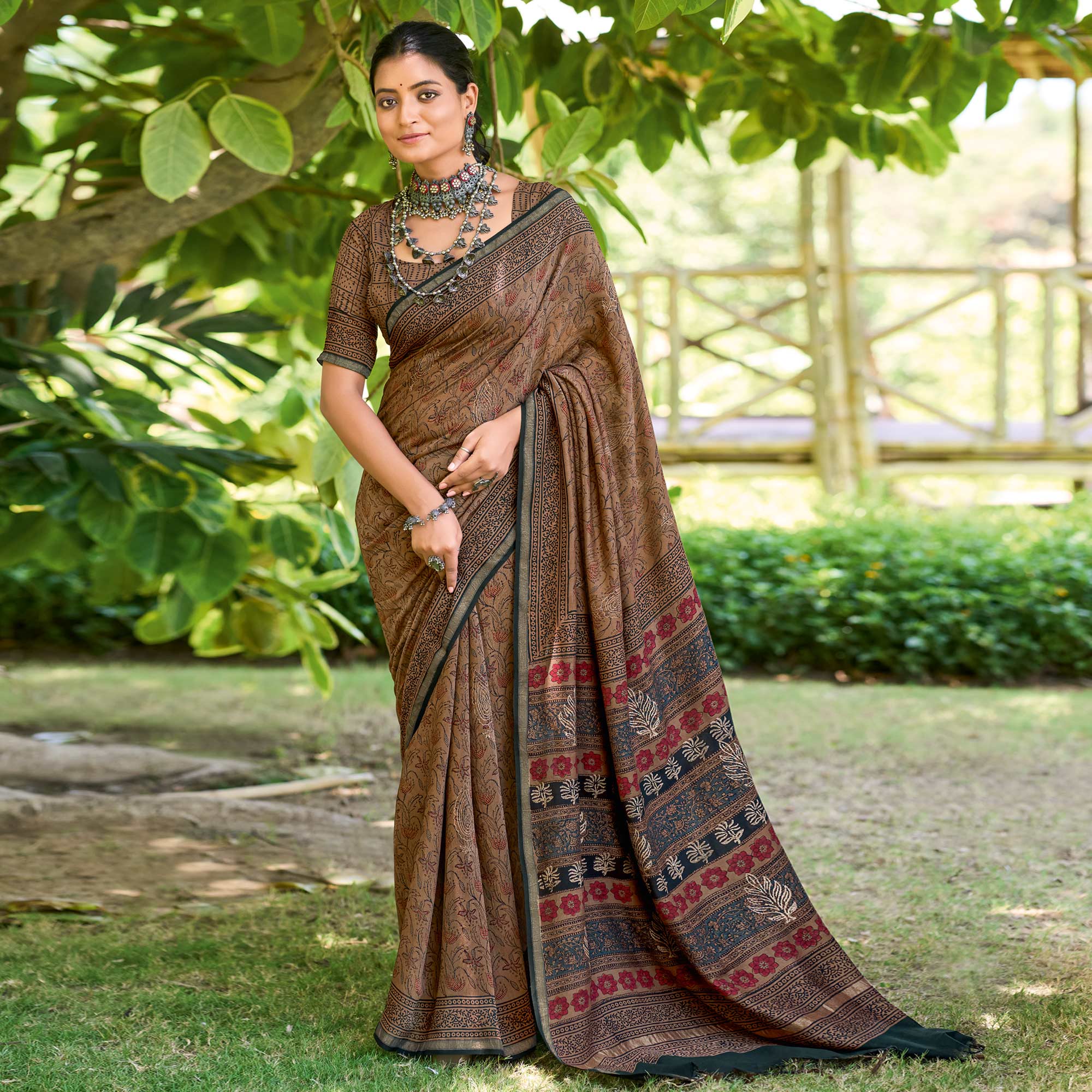 Brown Floral Printed Mul Mul Cotton Saree