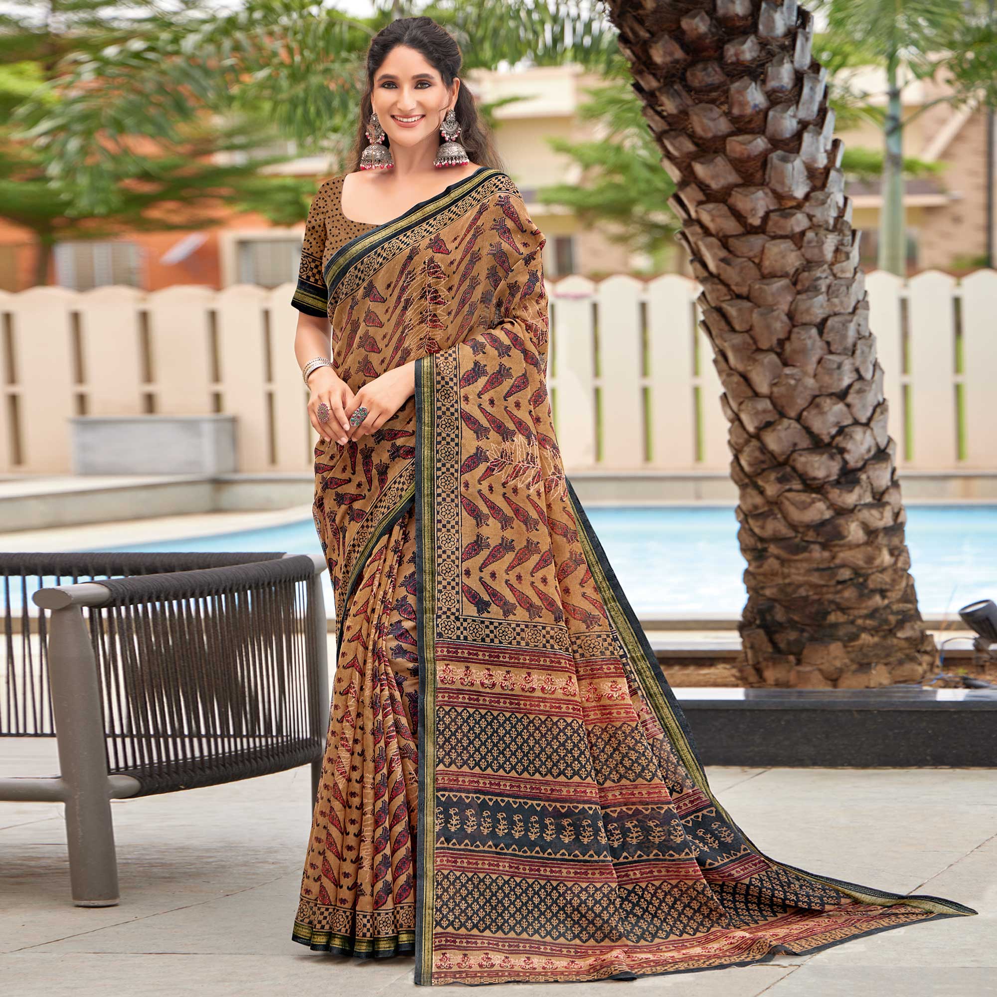 Brown Floral Printed Mul Mul Cotton Saree